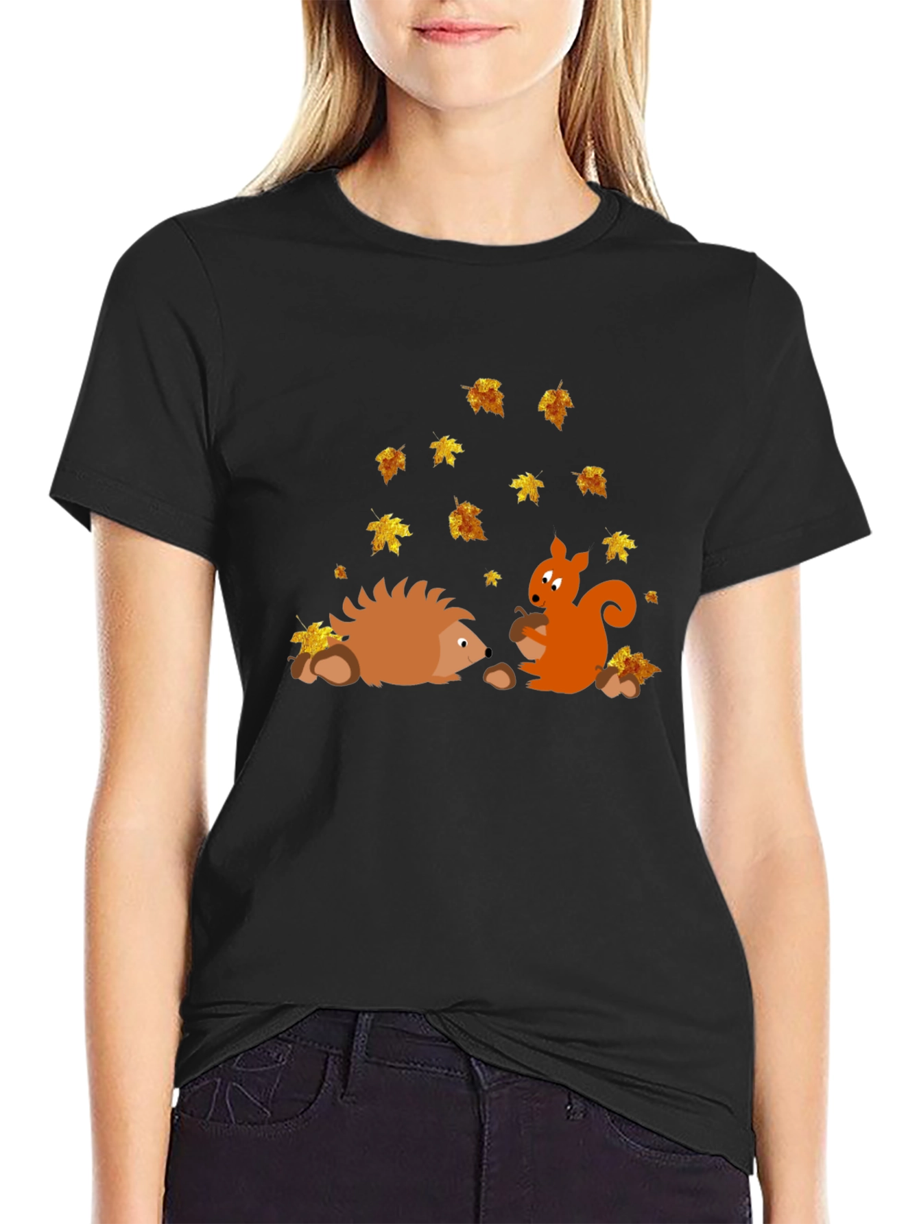 Black Autumn Friends Graphic Tee - Hedgehog & Squirrel view 2
