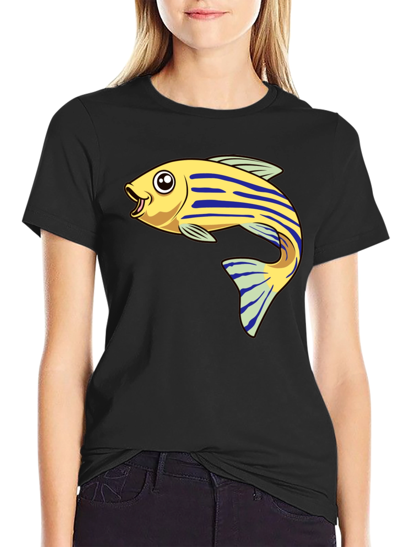 Black Cartoon Fish Graphic Tee - Black view 2