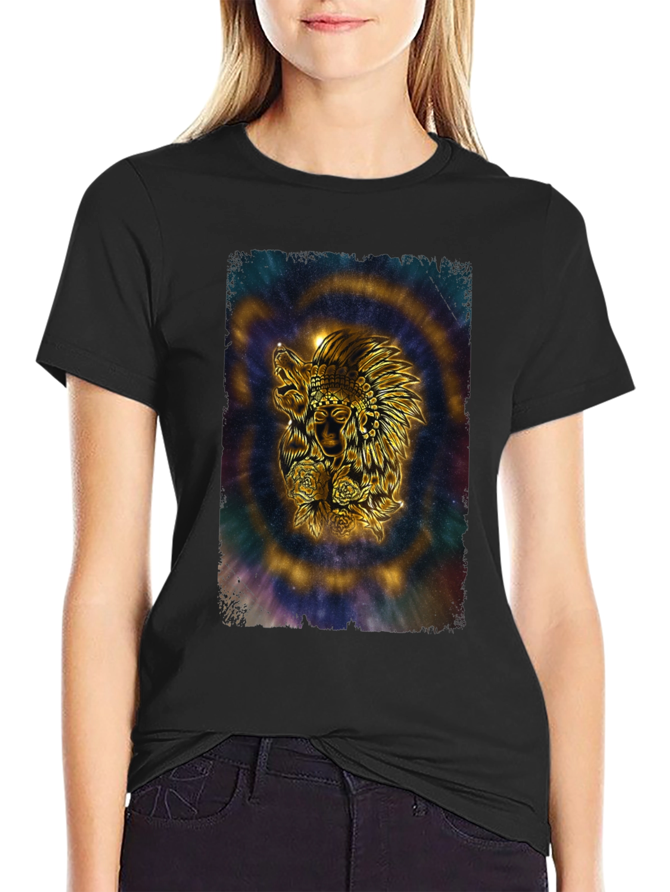 Black Native American Wolf Graphic T-Shirt - Black view 2