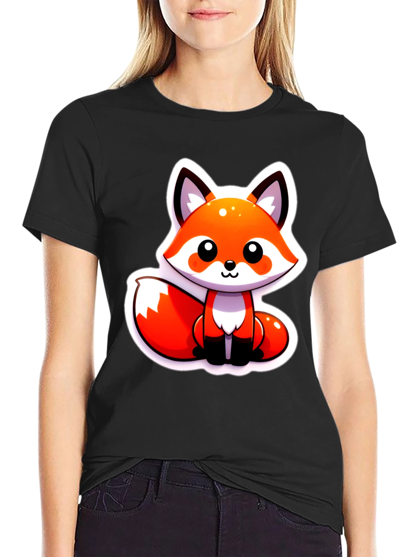 Black Cute Cartoon Fox Graphic Tee - Soft Black Unisex Shirt view 2