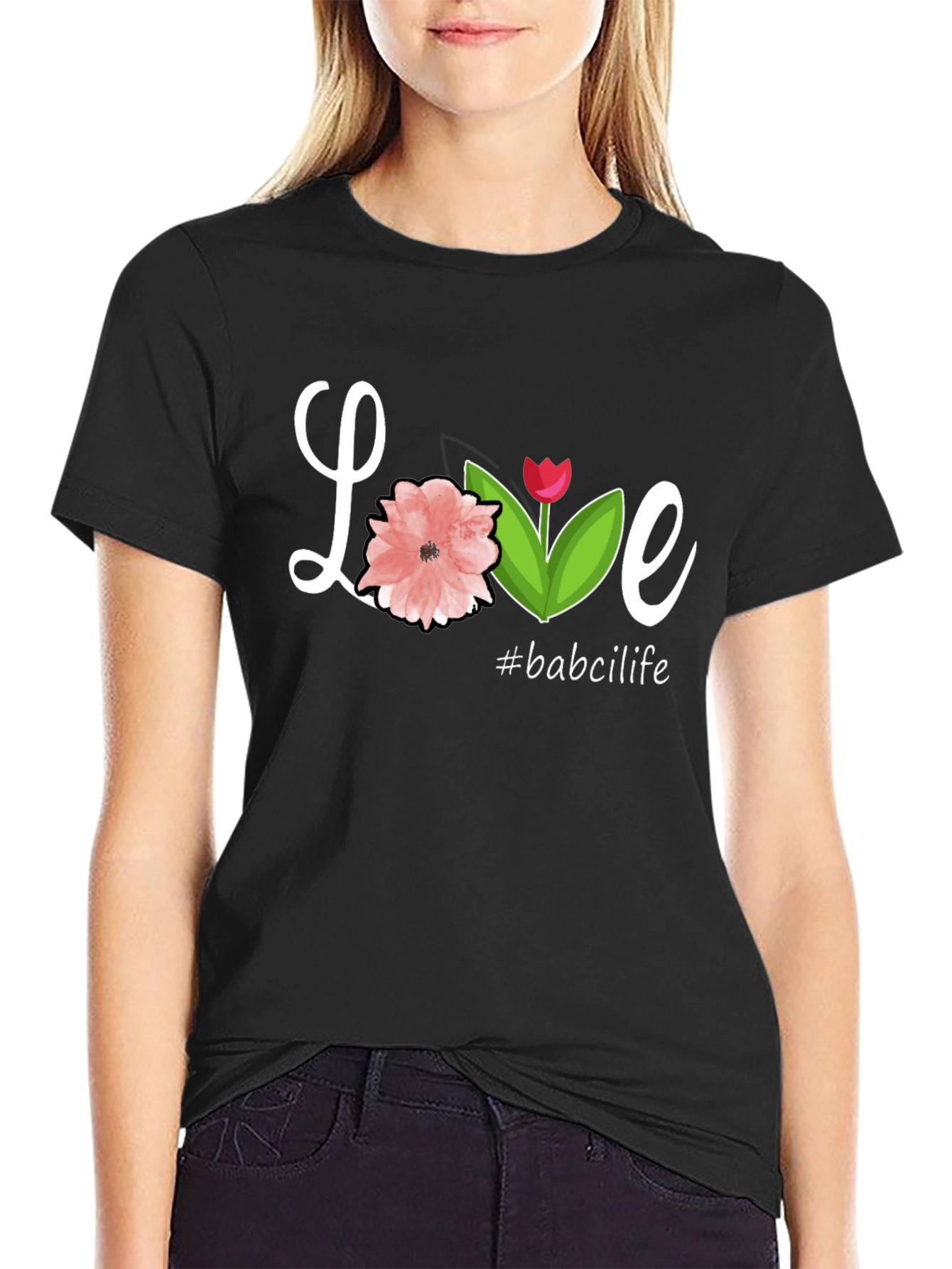 Black Love Floral Graphic Tee #babcilife Black Casual T-Shirt view 2