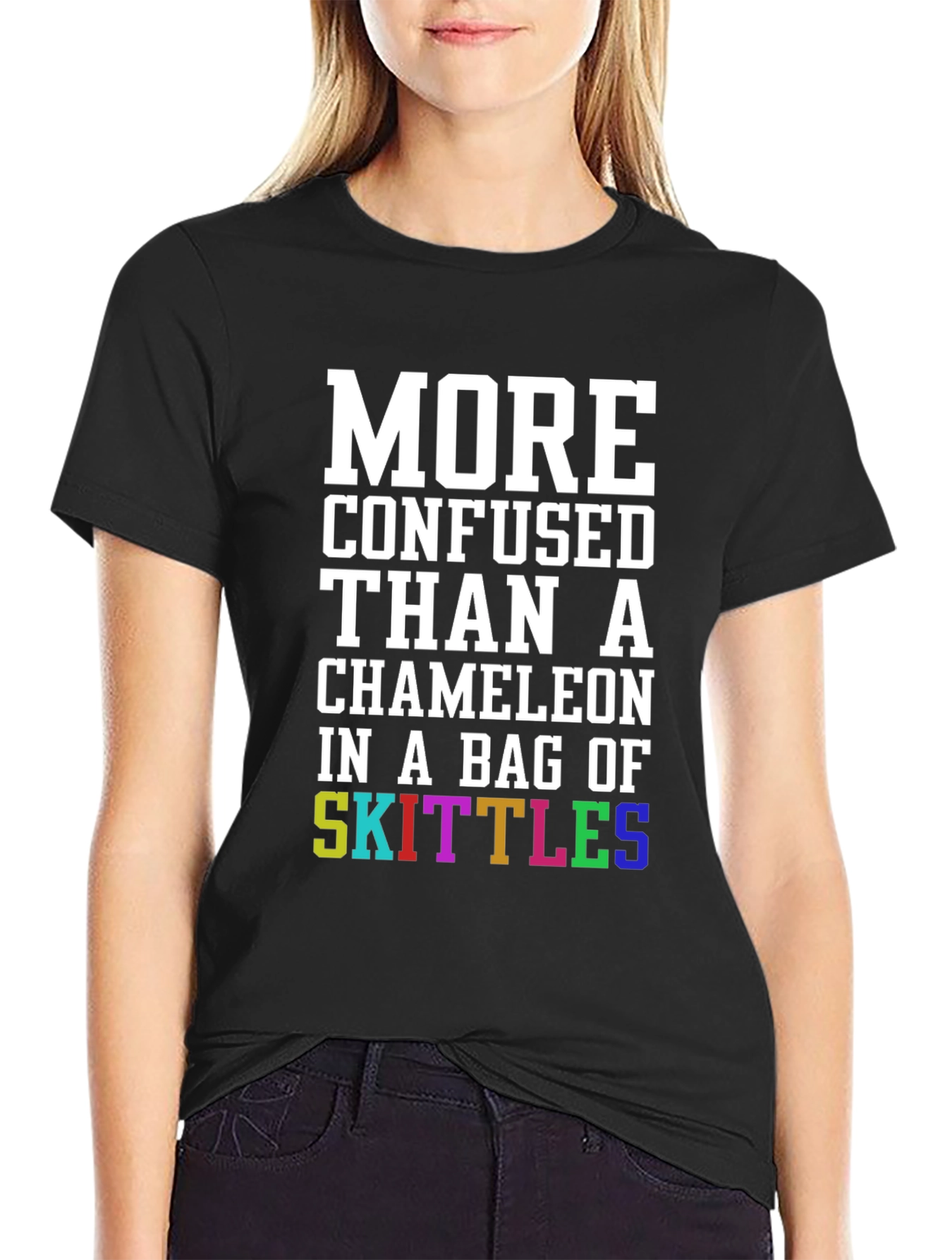 Black Confused Chameleon Skittles T-Shirt - Funny Novelty Tee view 2