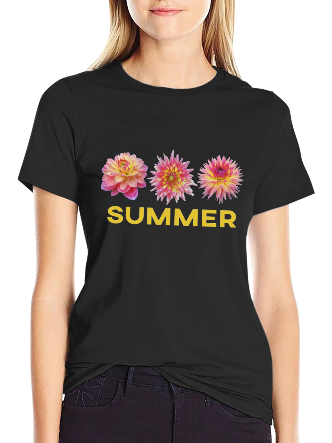 Black Summer Floral Graphic Tee - Soft Black T-Shirt view 2