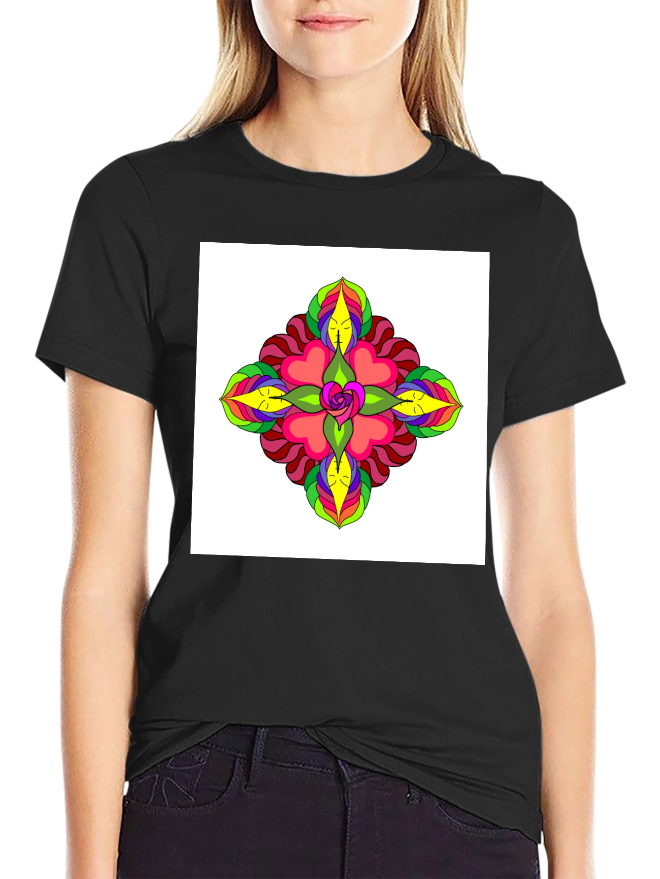 Black Psychedelic Flower Tee - Black Cotton Casual Wear view 2