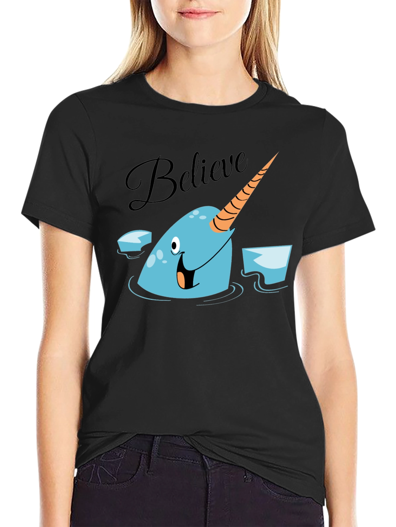 Black Narwhal Believe Graphic Tee - Black Cotton T-Shirt view 2
