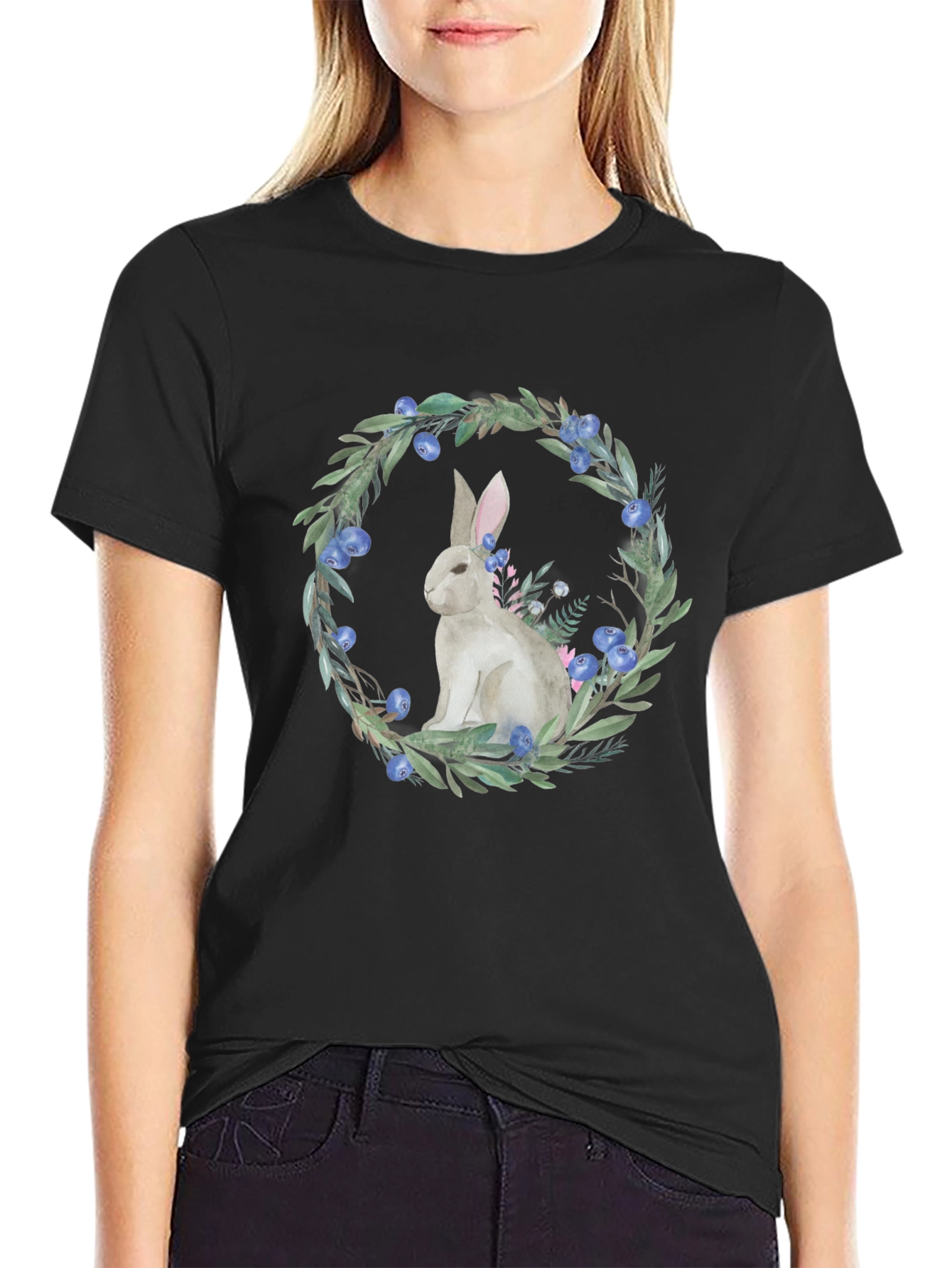Black Rabbit Wreath Graphic Tee - Black Cotton Blend view 2