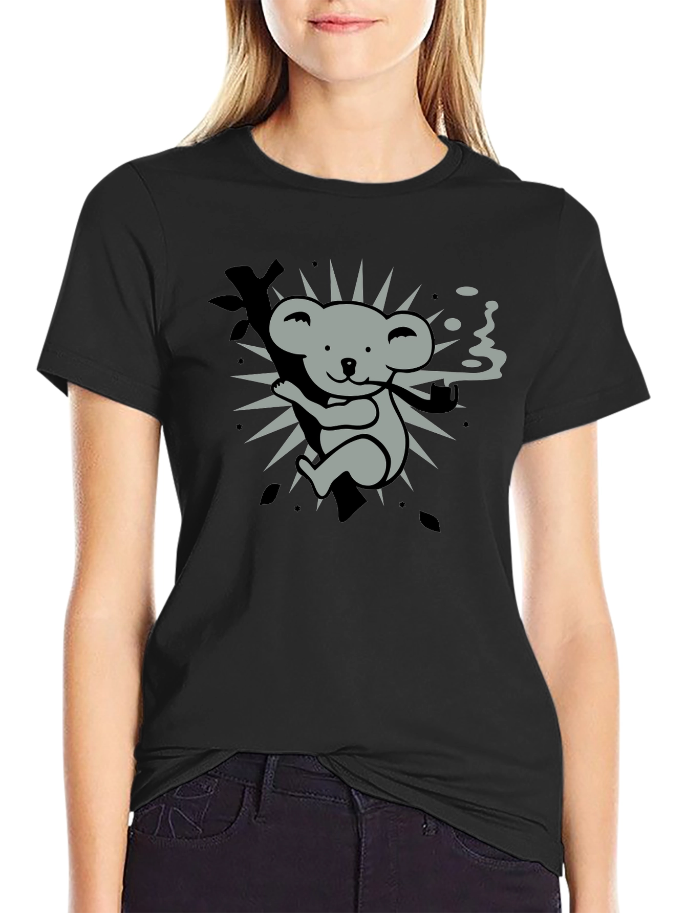 Black Smoking Koala Graphic Tee - Black Cotton T-Shirt view 2