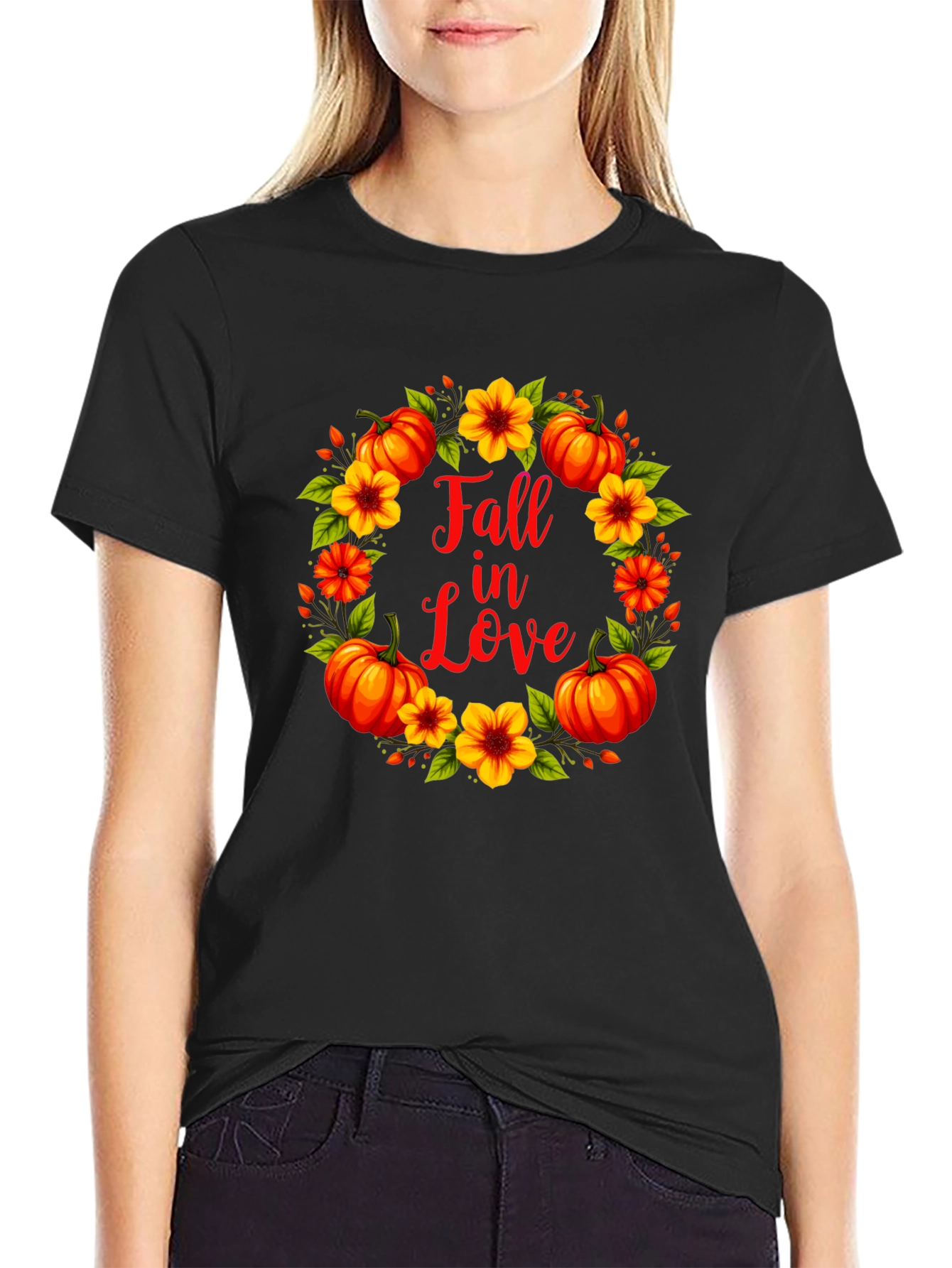 Black Fall In Love Pumpkin Floral Wreath Graphic Tee view 2
