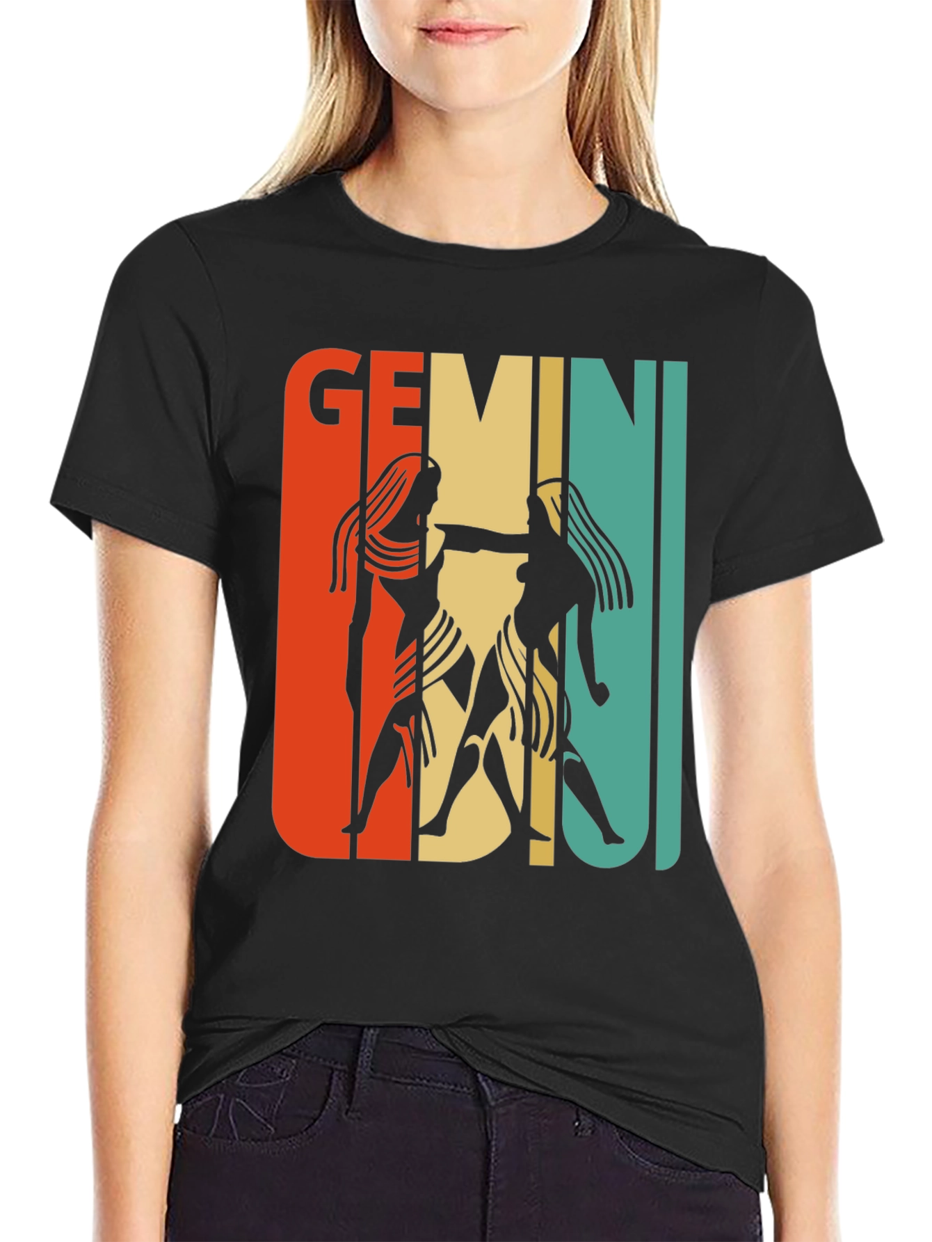 Black Retro Gemini Zodiac Graphic T-Shirt view 2