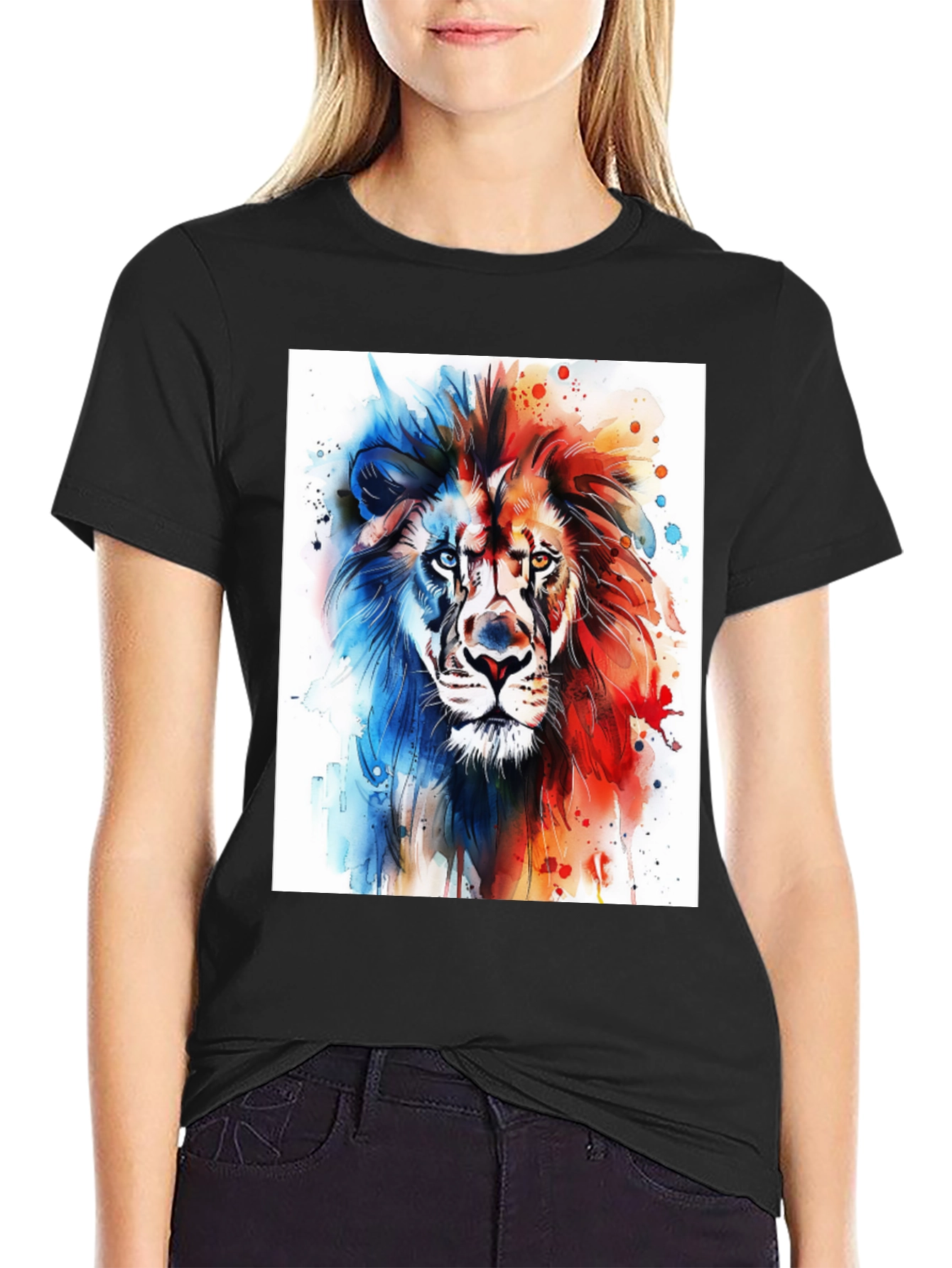 Black Watercolor Lion Graphic Tee - Men's Black T-Shirt view 2
