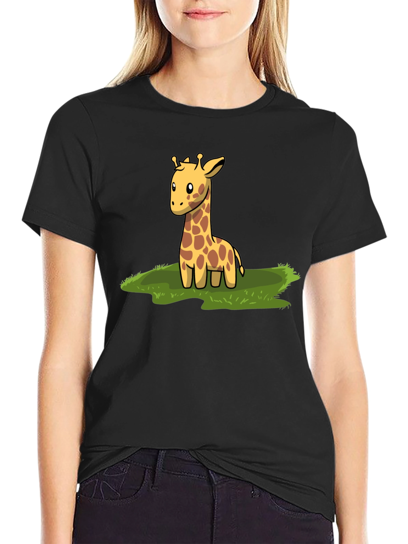 Black Cute Giraffe Graphic Tee - Black Cotton T-Shirt view 2