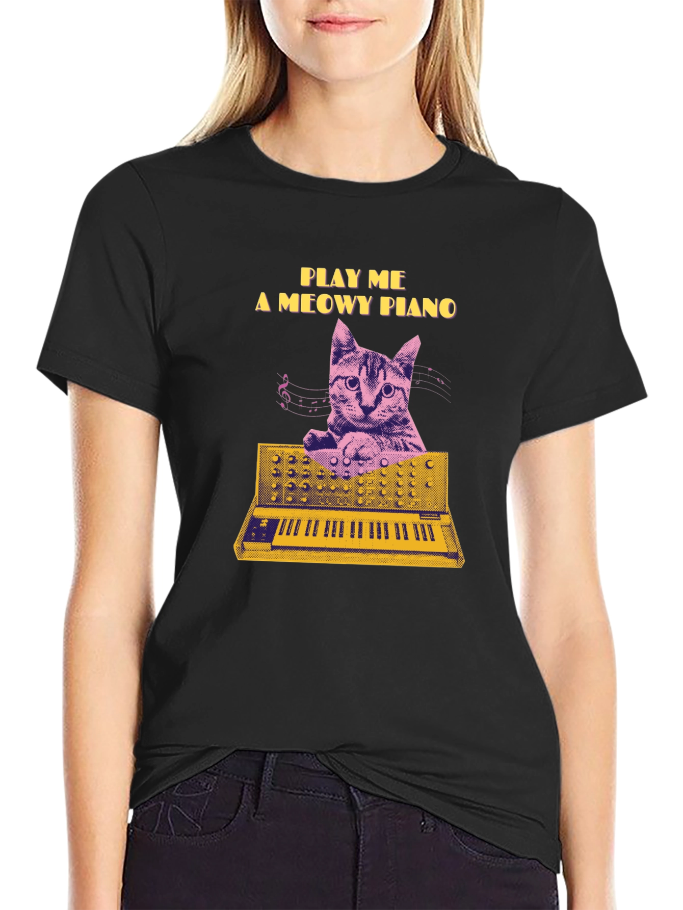 Black Play Me a Meowy Piano Black T-Shirt view 2