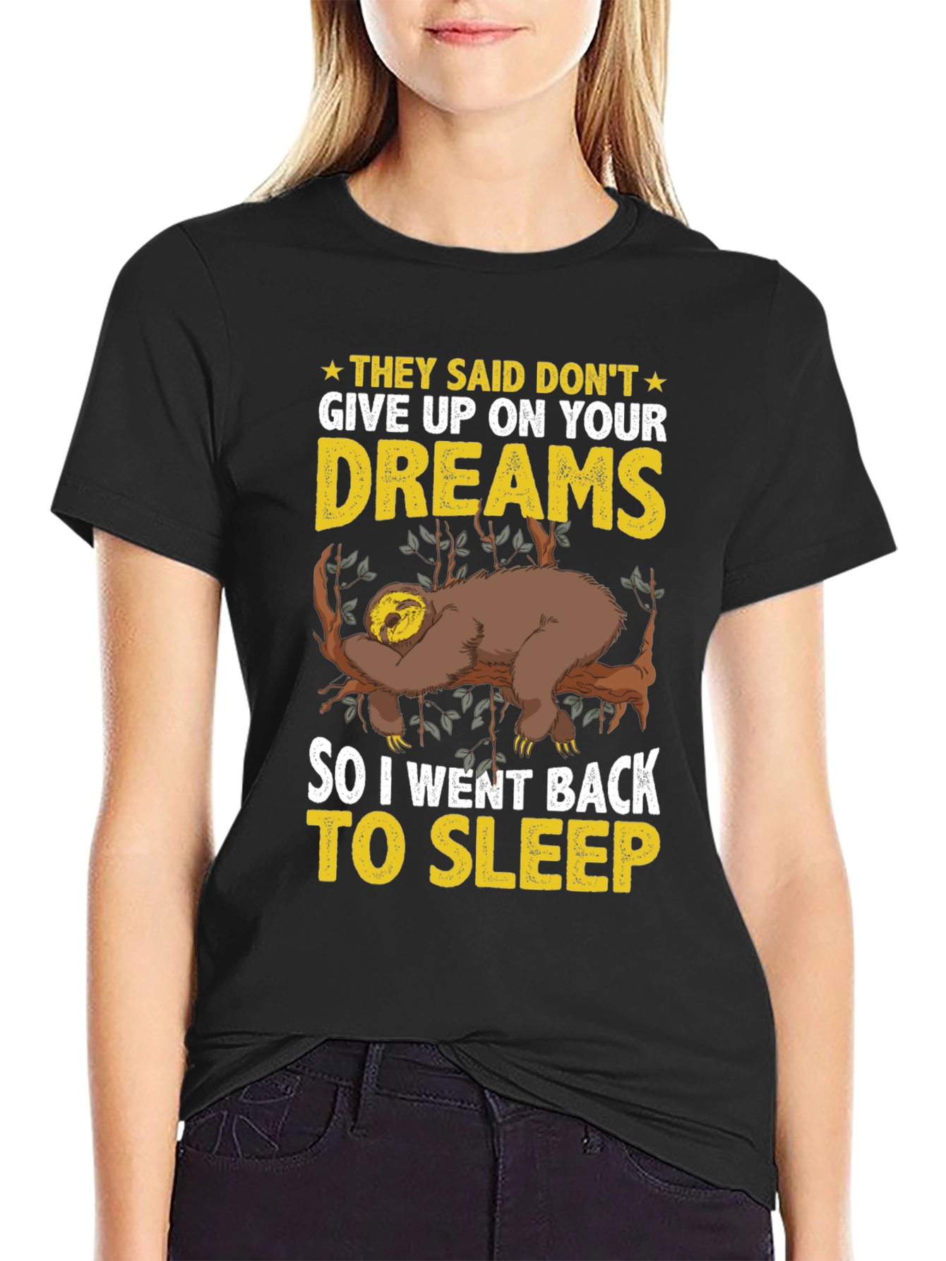 Black Lazy Sloth Dreams T-Shirt - Funny Sleep Tee view 2