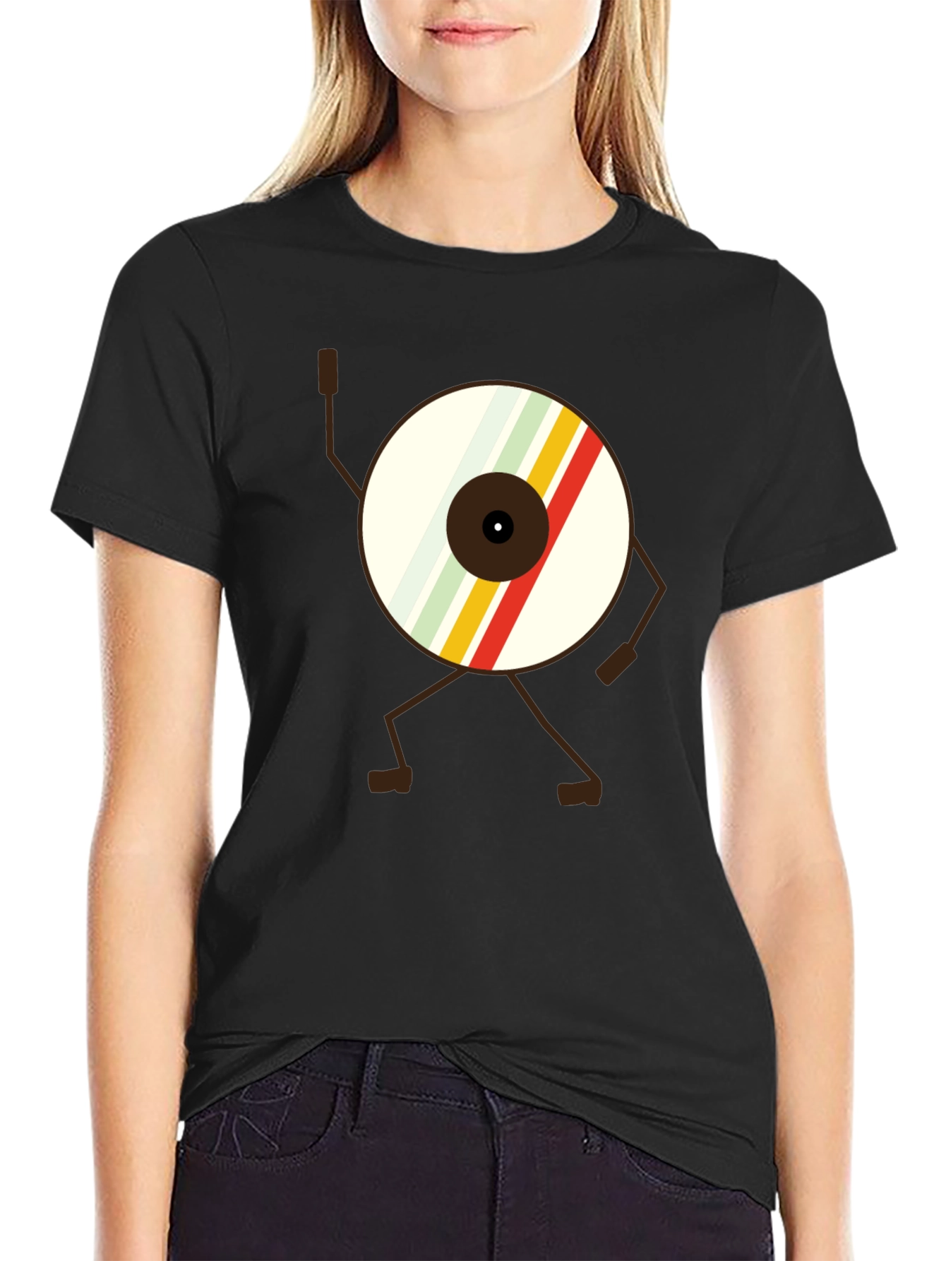 Black Retro Record Character T-Shirt - Cool Graphic Tee view 2