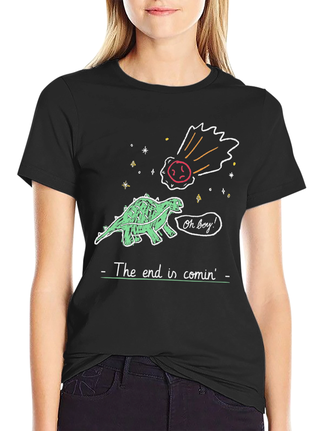Black Dinosaur End of the World Humor T-Shirt view 2