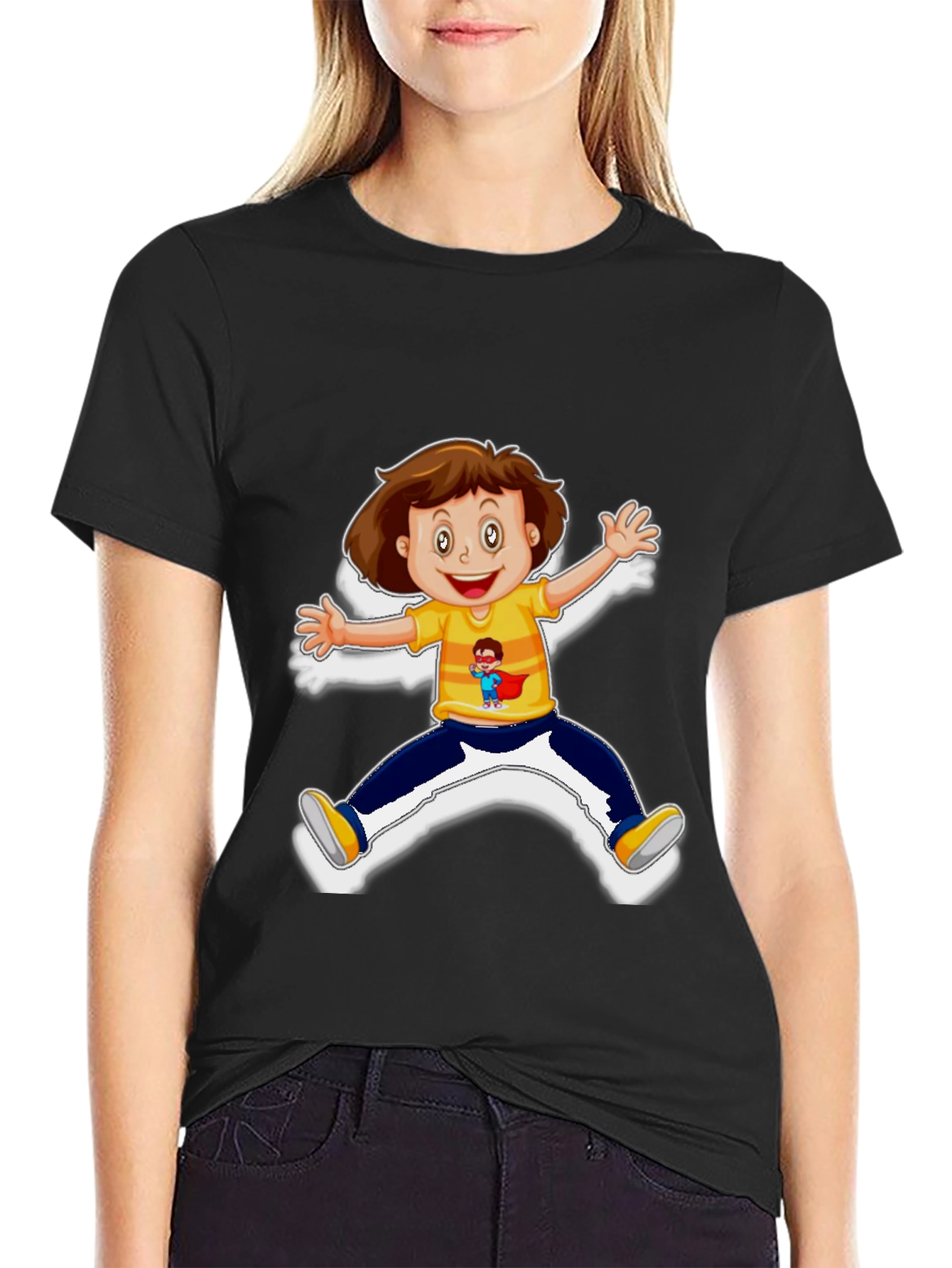 Black Cartoon Kid Graphic Black T-Shirt view 2