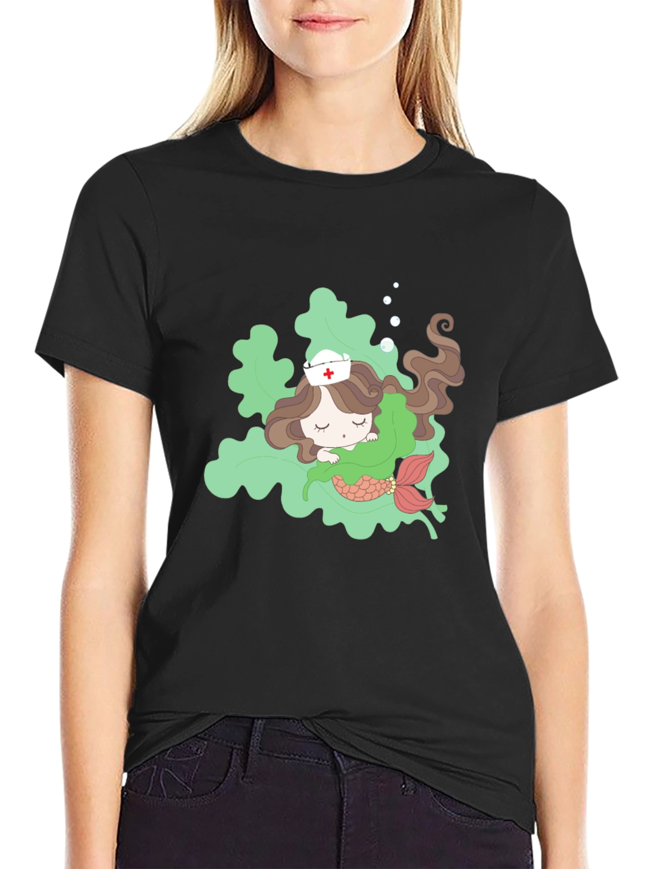 Black Mermaid Nurse T-Shirt - Cute Cartoon Design view 2