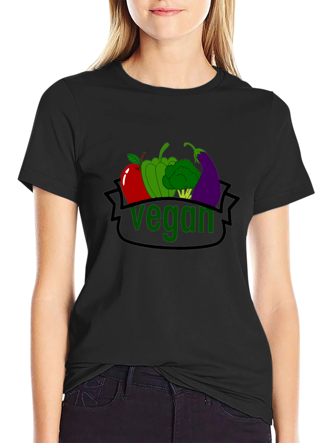 Black Vegan T-Shirt with Fruit & Vegetable Design view 2