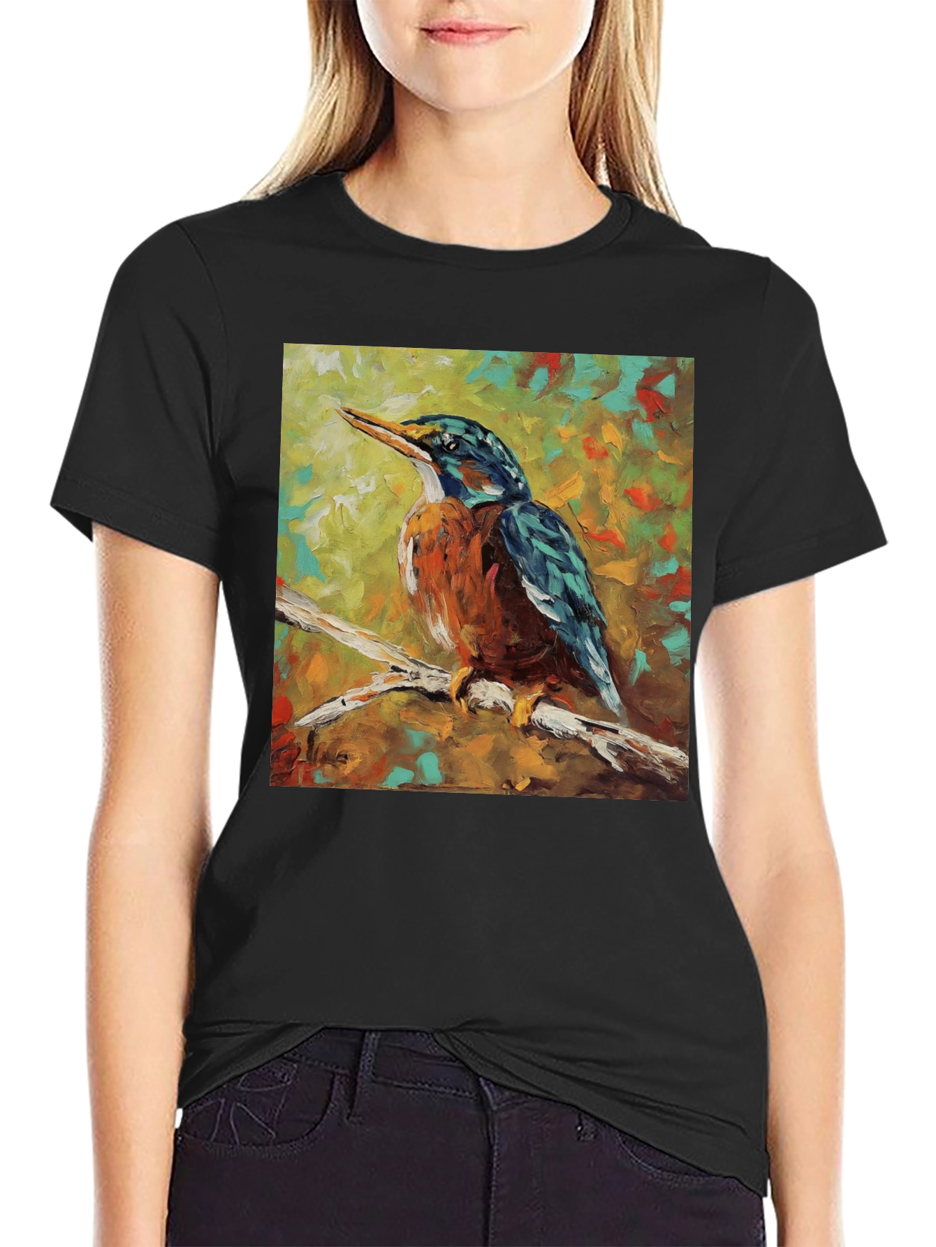 Black Kingfisher Bird Art T-Shirt view 2