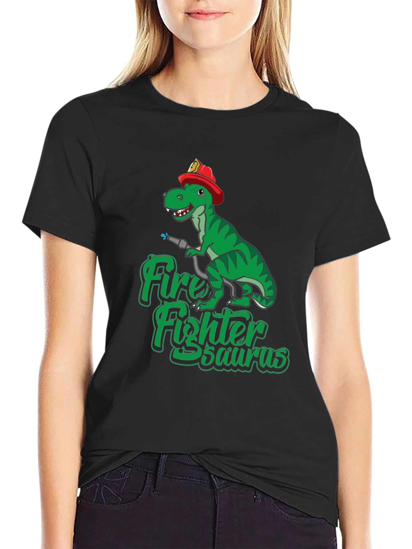 Black Firefighter Dinosaur T-Shirt - Dino Fireman Tee view 2