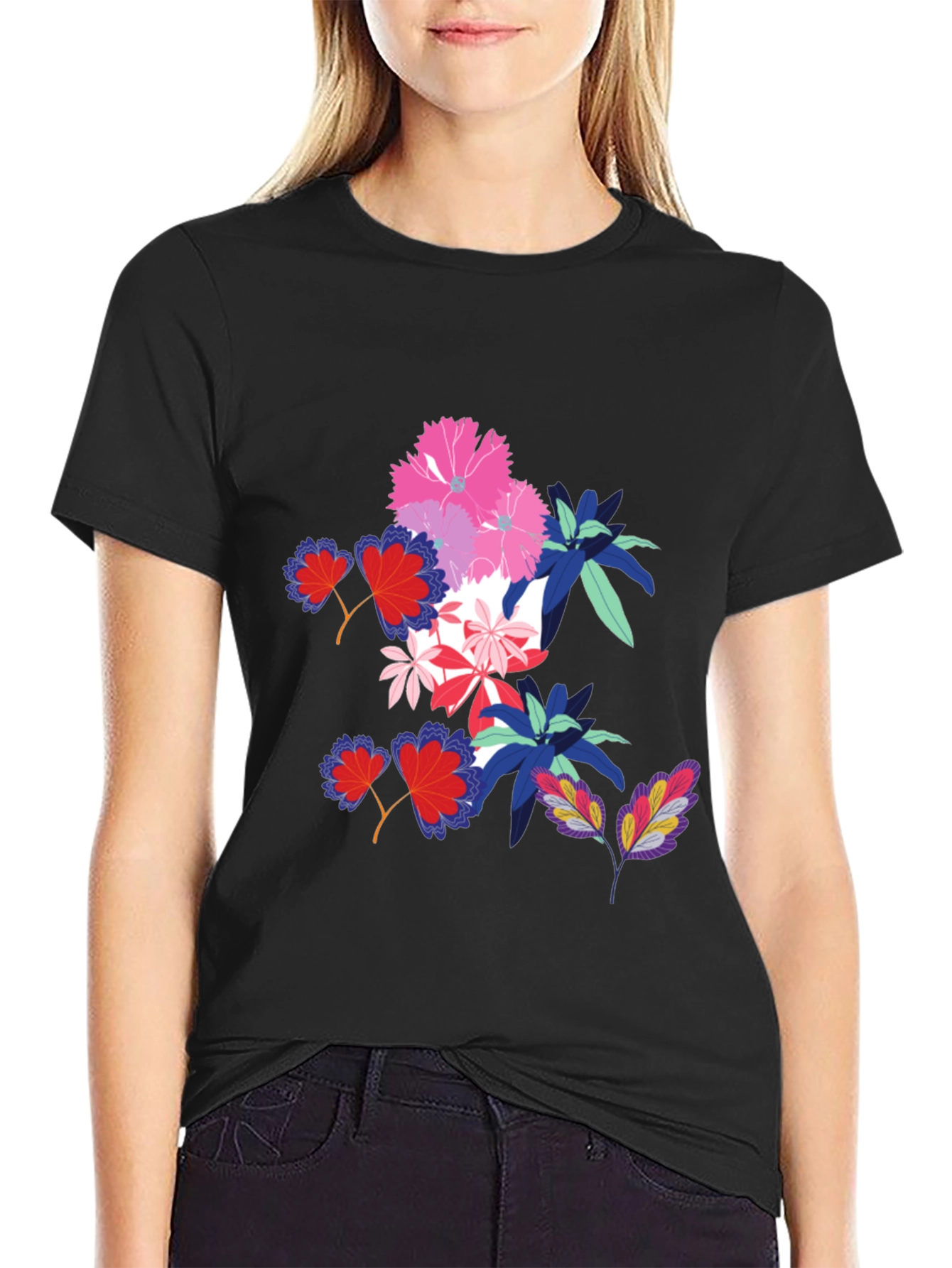 Black Floral Print Black T-Shirt view 2