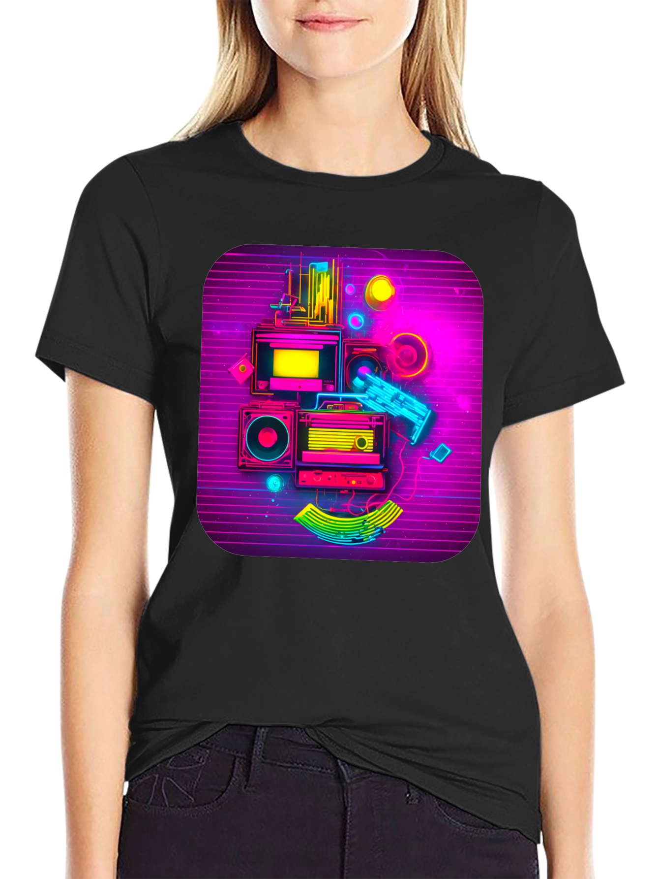 Black Retro Synthwave Music Graphic Tee view 2