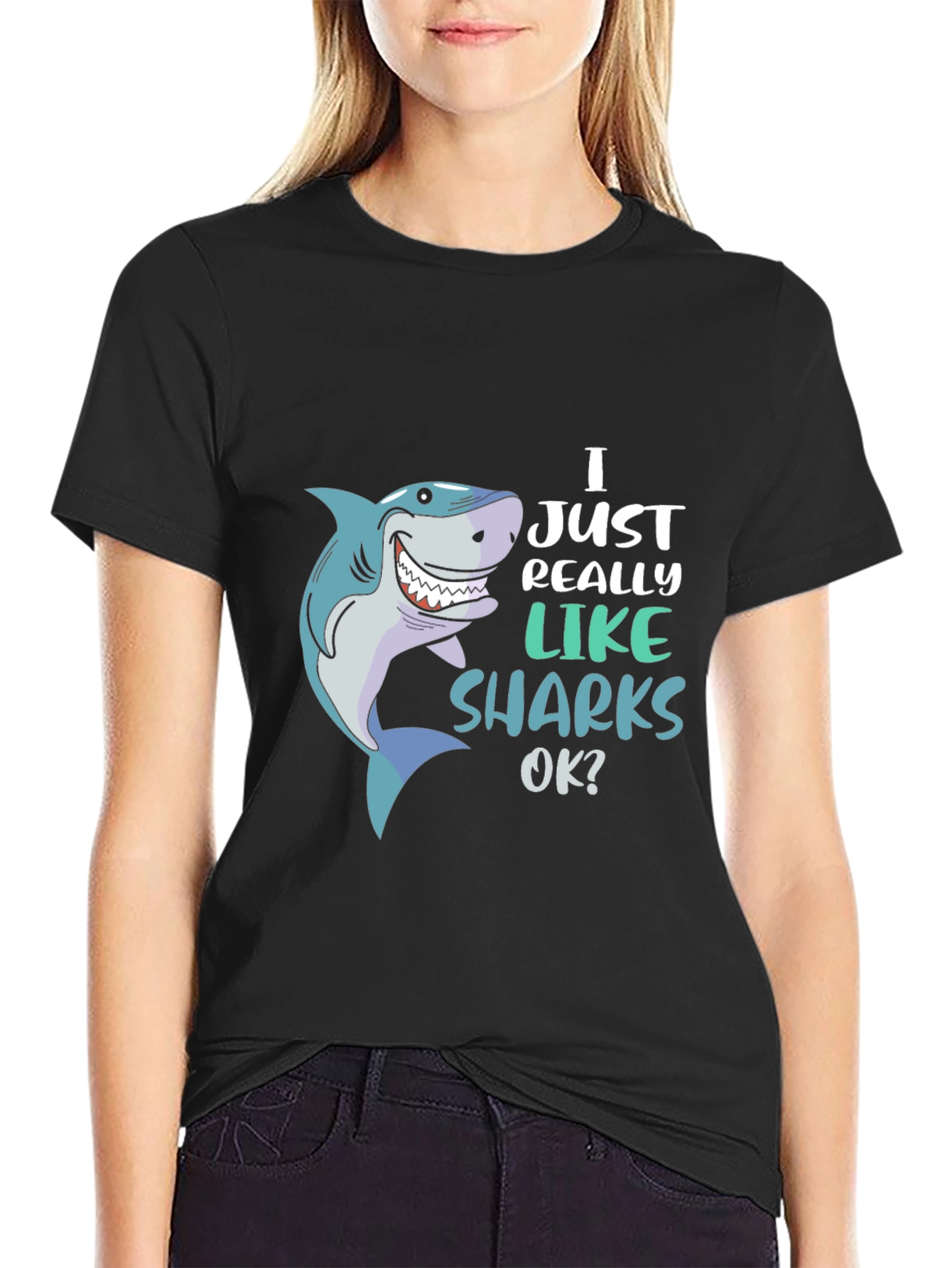 Black Shark Lover Graphic Tee - "I Just Really Like Sharks OK?" view 2