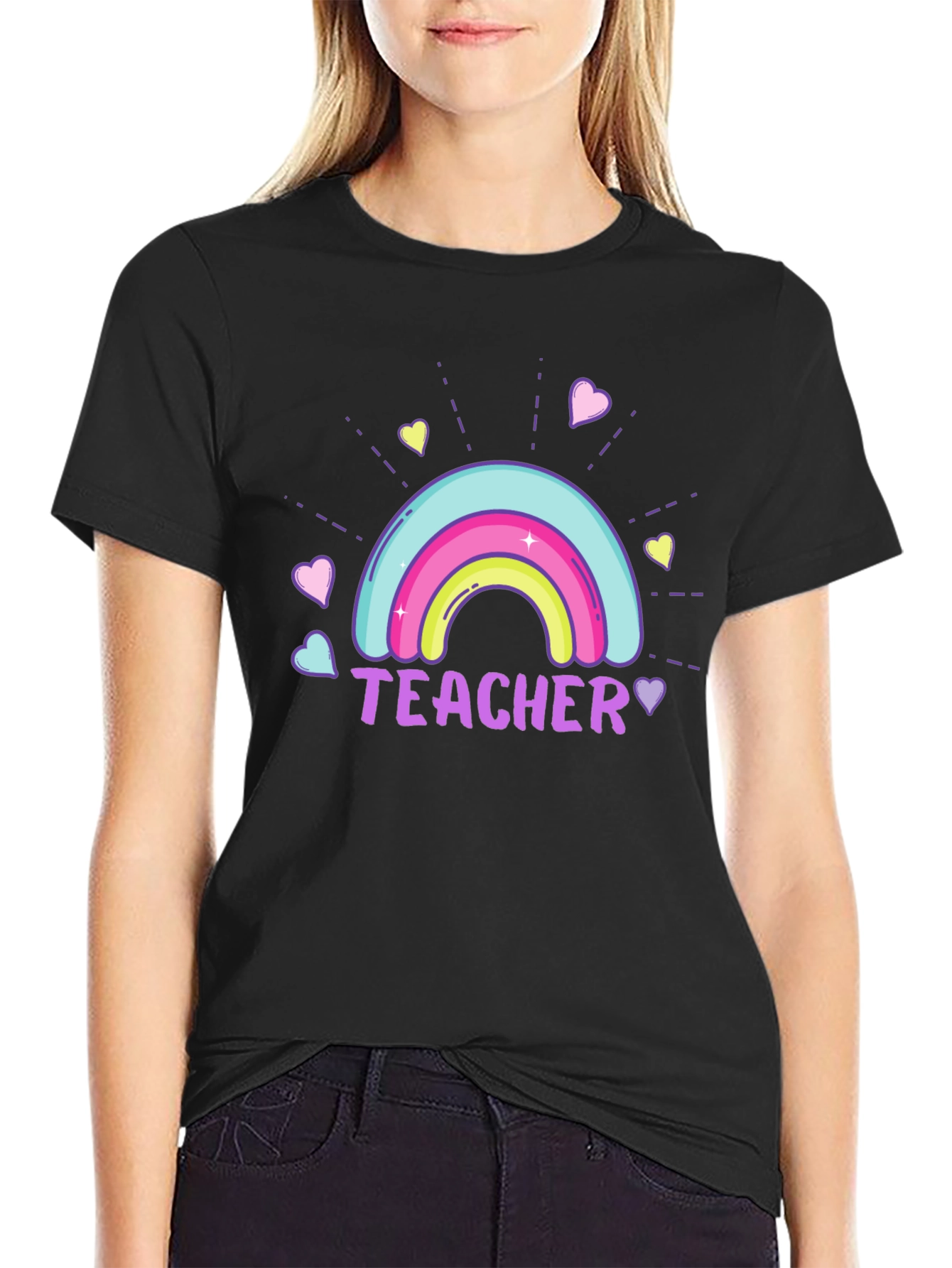 Black Teacher Rainbow Graphic Tee - Unisex Black T-Shirt view 2