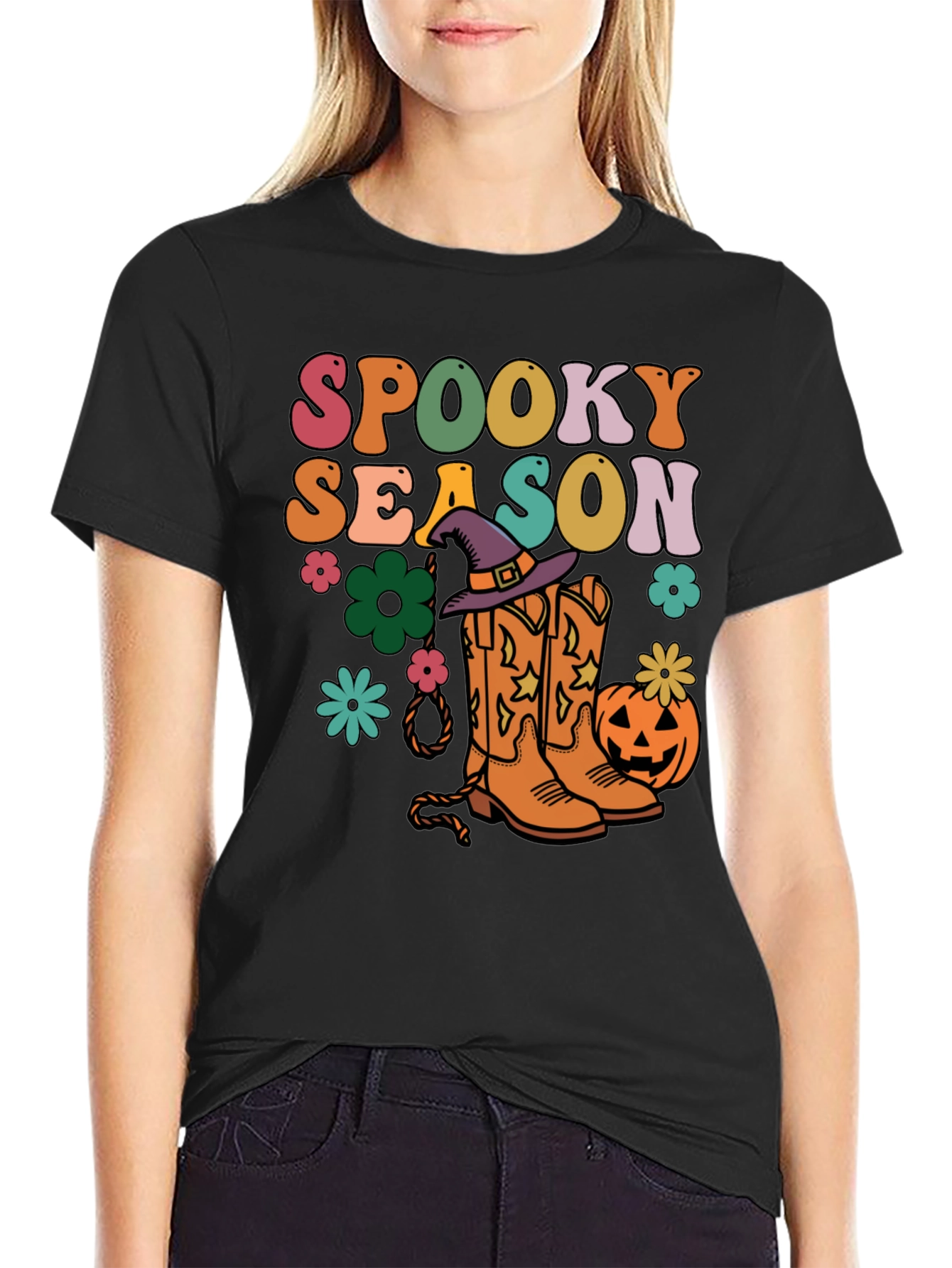 Black Spooky Season Retro Halloween T-Shirt view 2