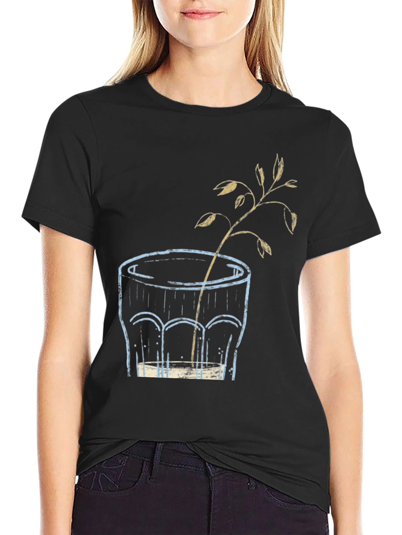 Black Unique Graphic T-Shirt: Glass with Plant Art view 2