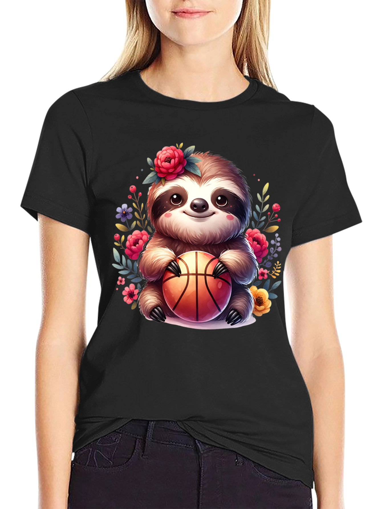 Black Sloth Basketball T-Shirt - Floral Cute Design view 2