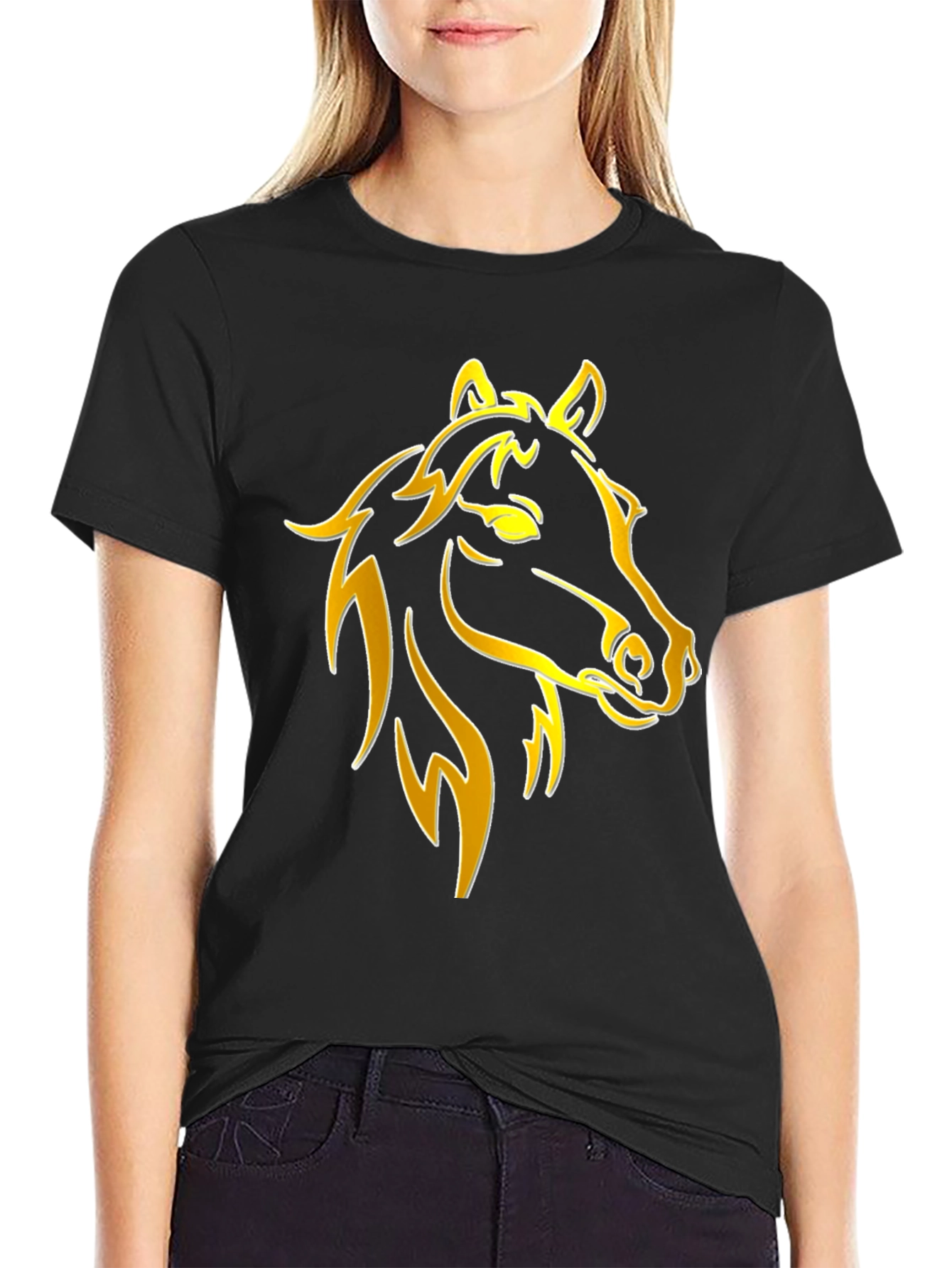 Black Golden Horse Graphic Tee - Stylish Black T-Shirt view 2
