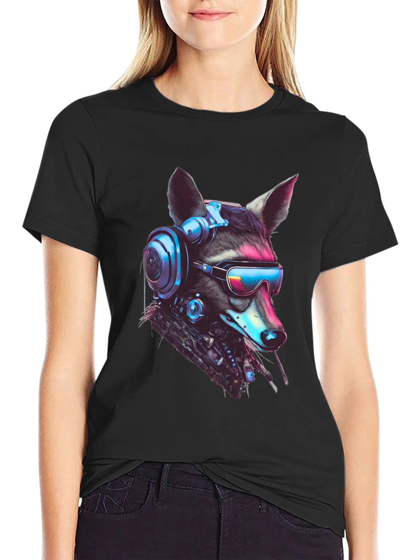 Black Cyberpunk Raccoon Graphic Tee - Futuristic Style view 2