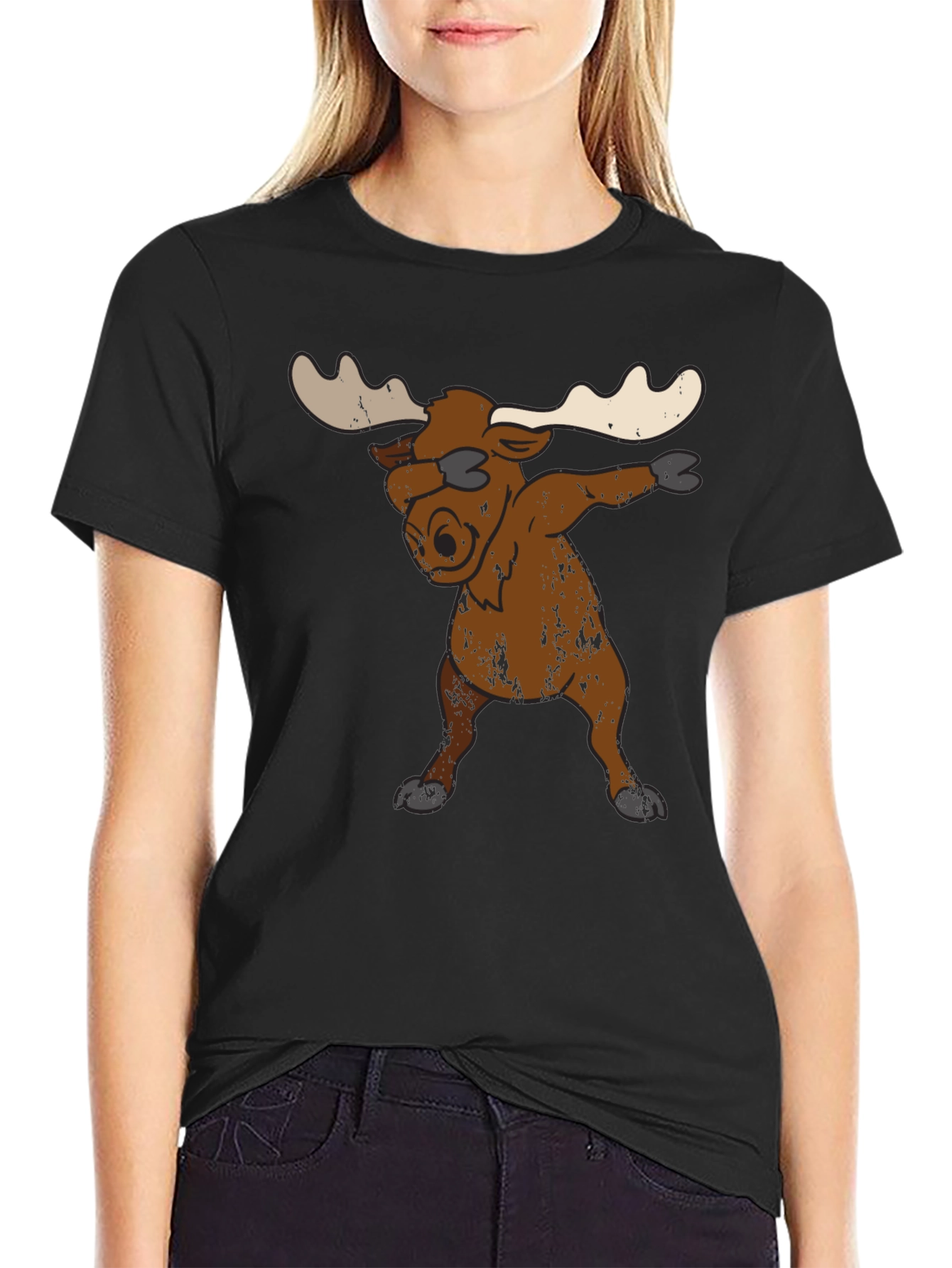 Black Dabbing Moose Graphic Tee - Unique Animal T-Shirt view 2