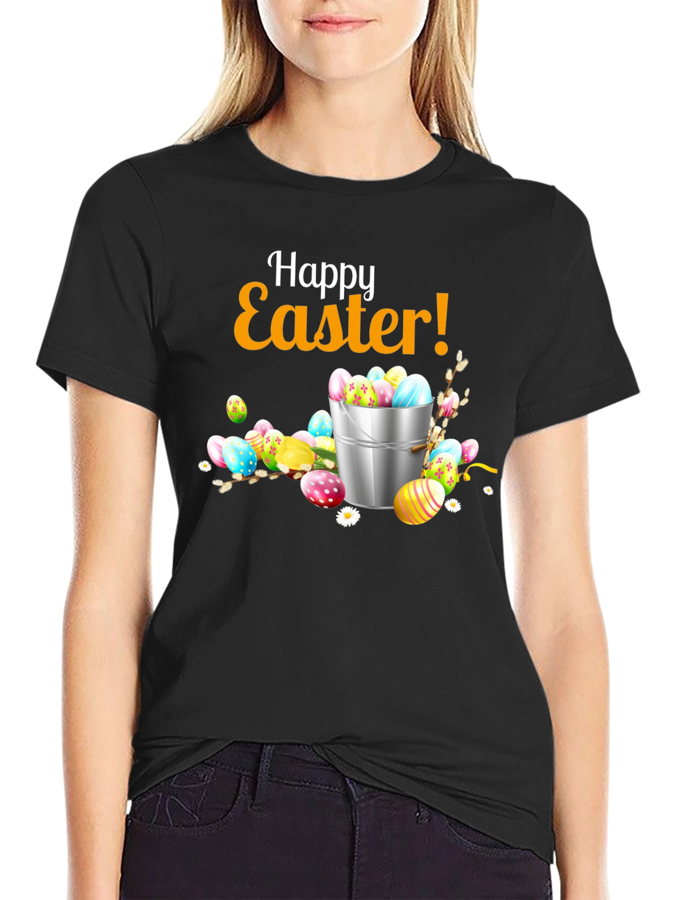 Black Happy Easter T-Shirt - Easter Egg Bucket Design view 2