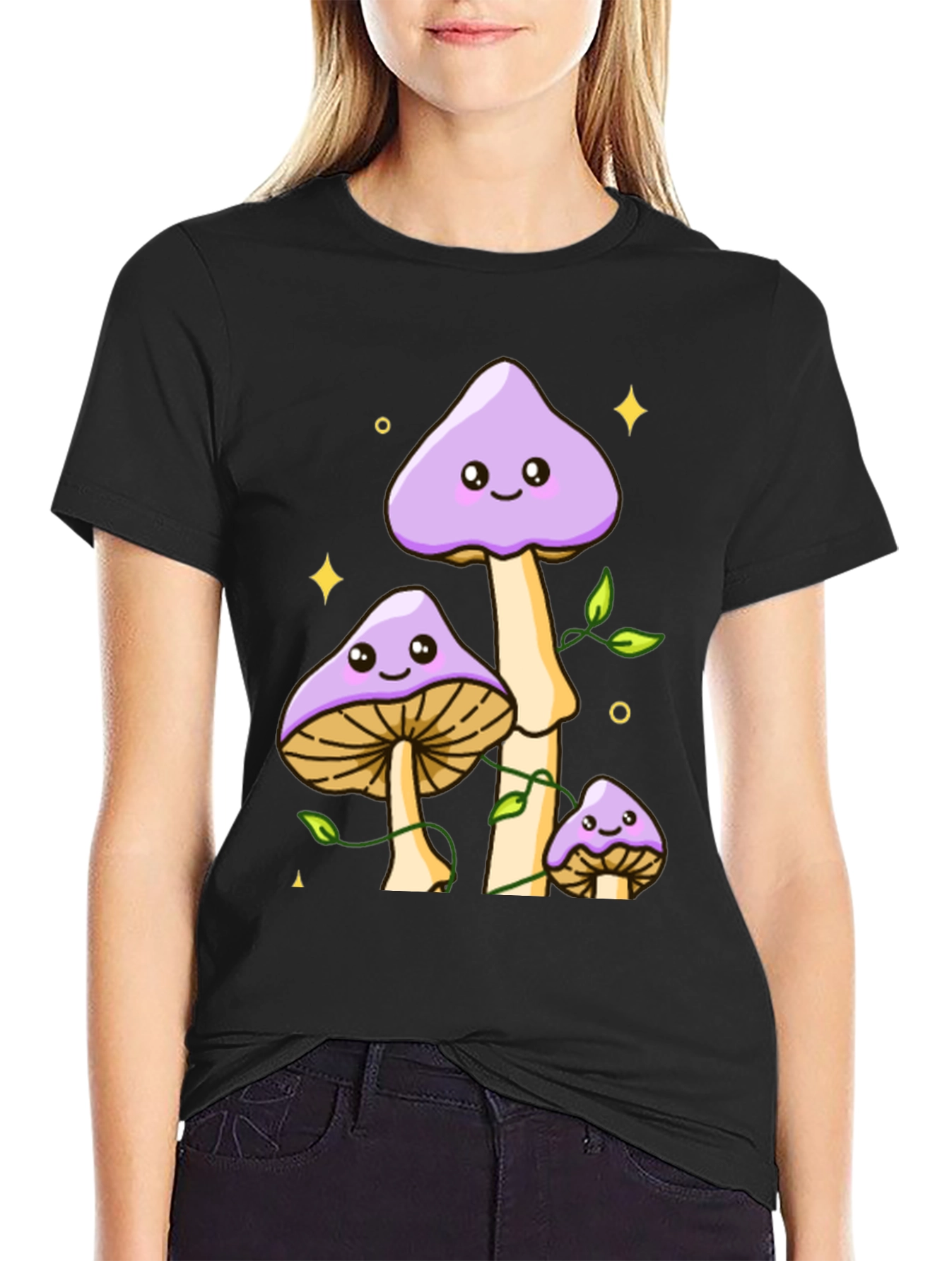 Black Cute Mushroom Graphic Tee - Black Cotton Shirt view 2