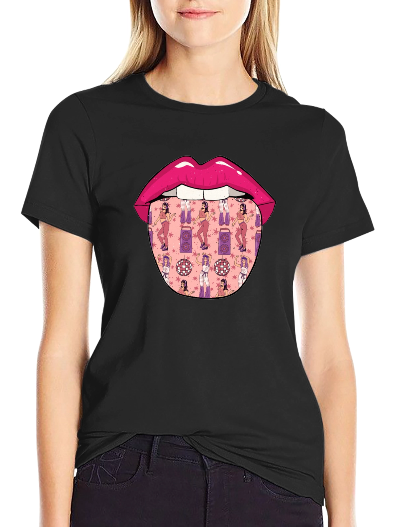 Black Novelty Lips Tongue Disco Pattern T-Shirt view 2