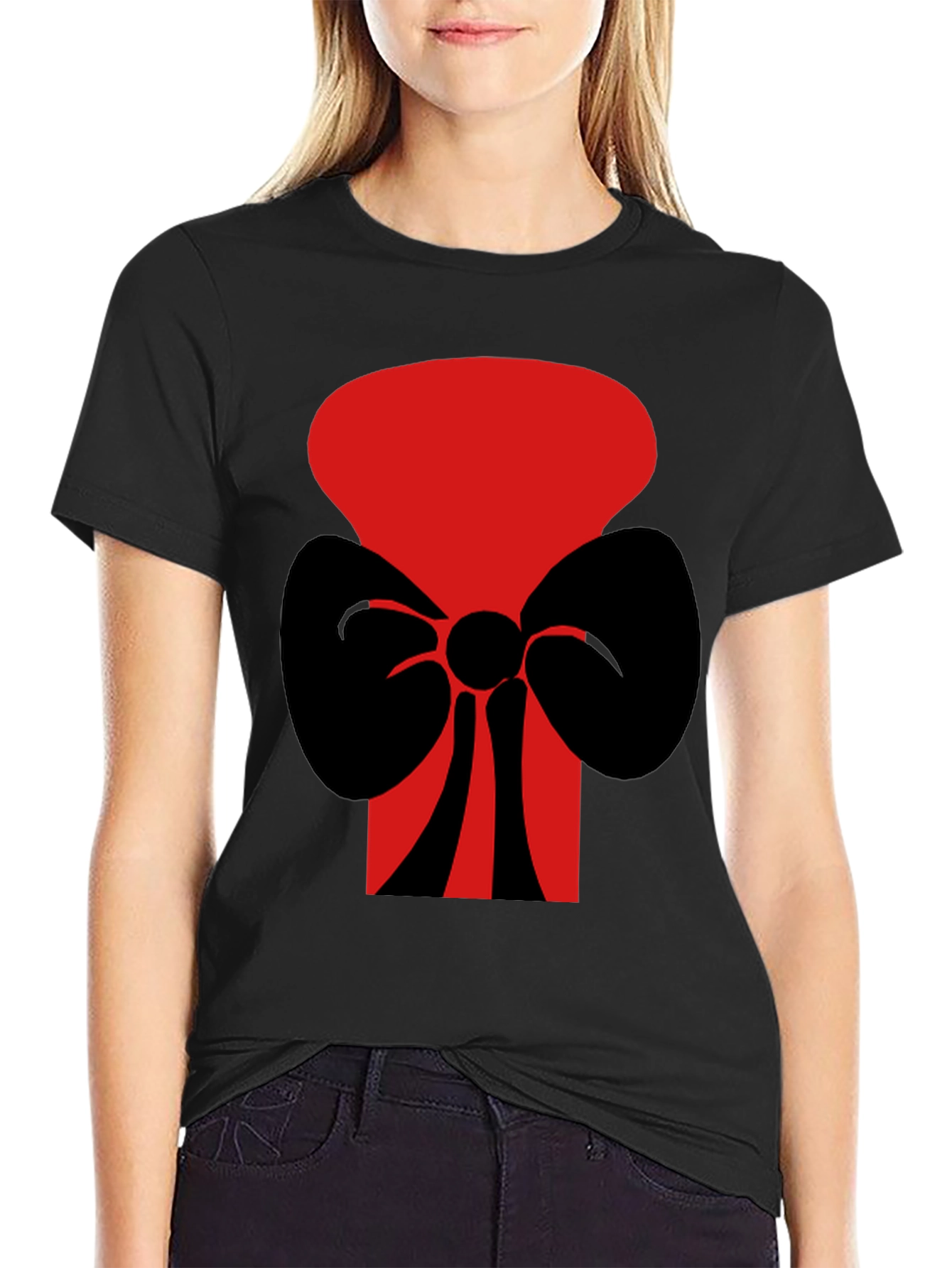 Black Bold Graphic Tee: Red Top Hat with Black Bow Tie view 2