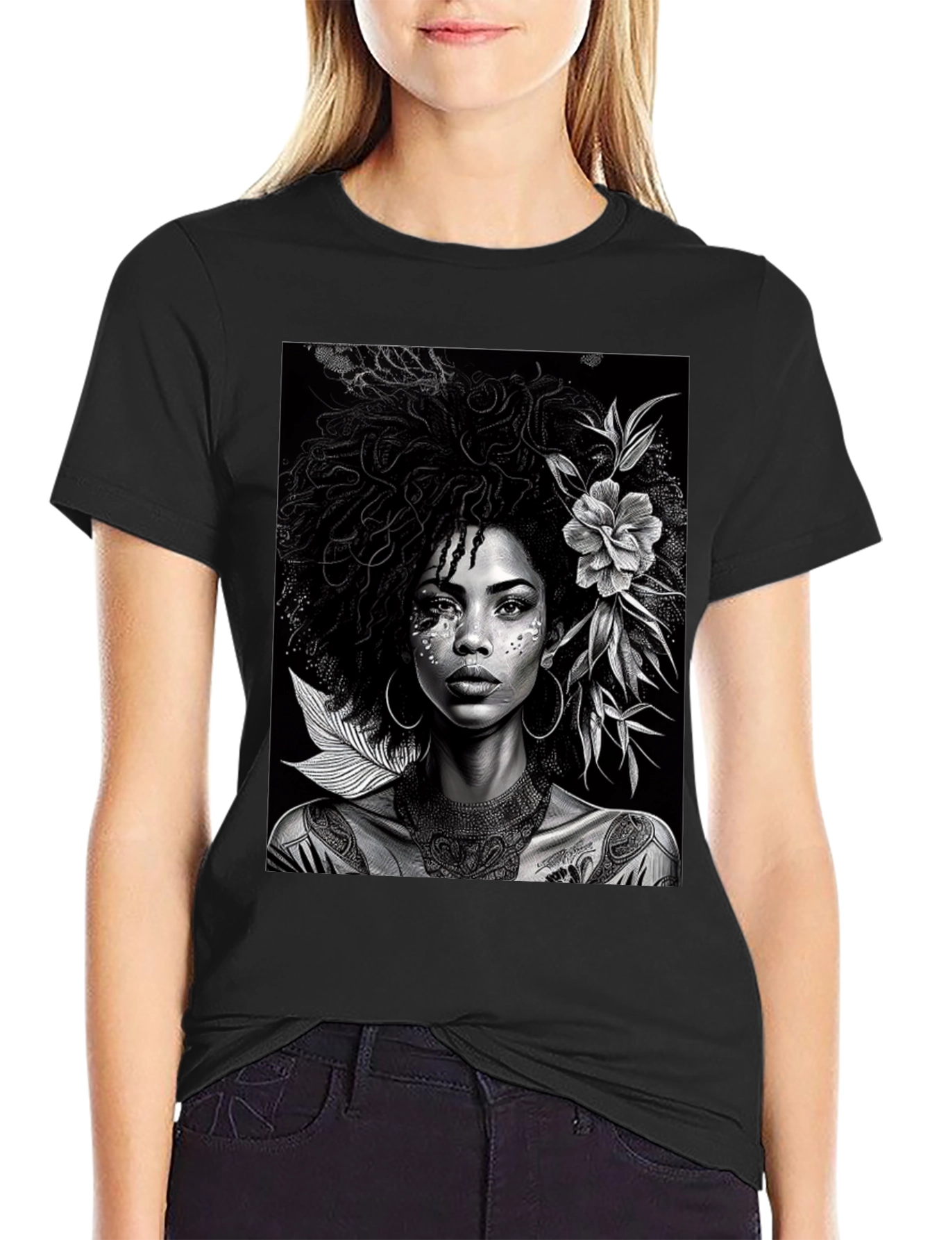 Black Woman Portrait Graphic Tee - Elegant Black T-Shirt view 2