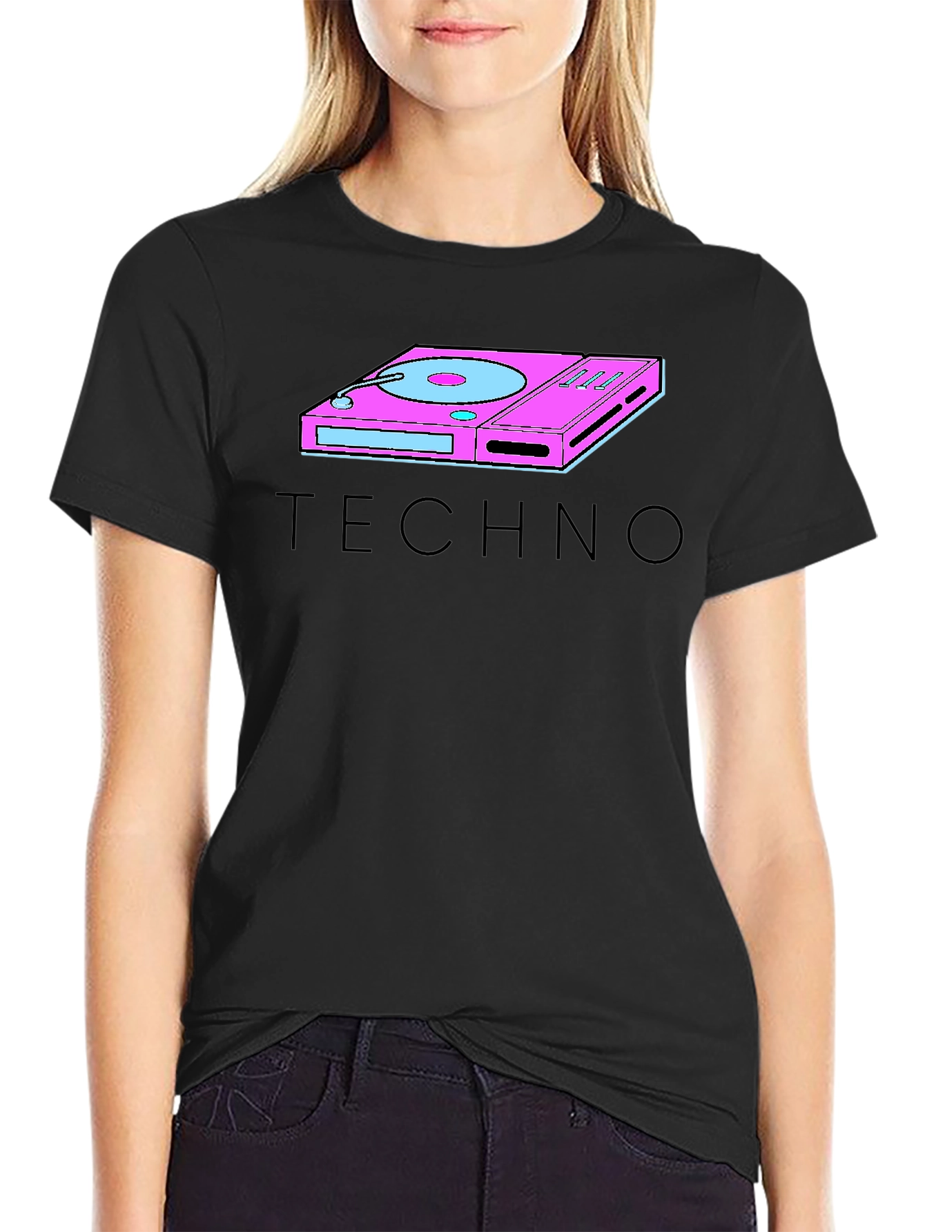 Black Retro Techno Turntable Graphic T-Shirt view 2