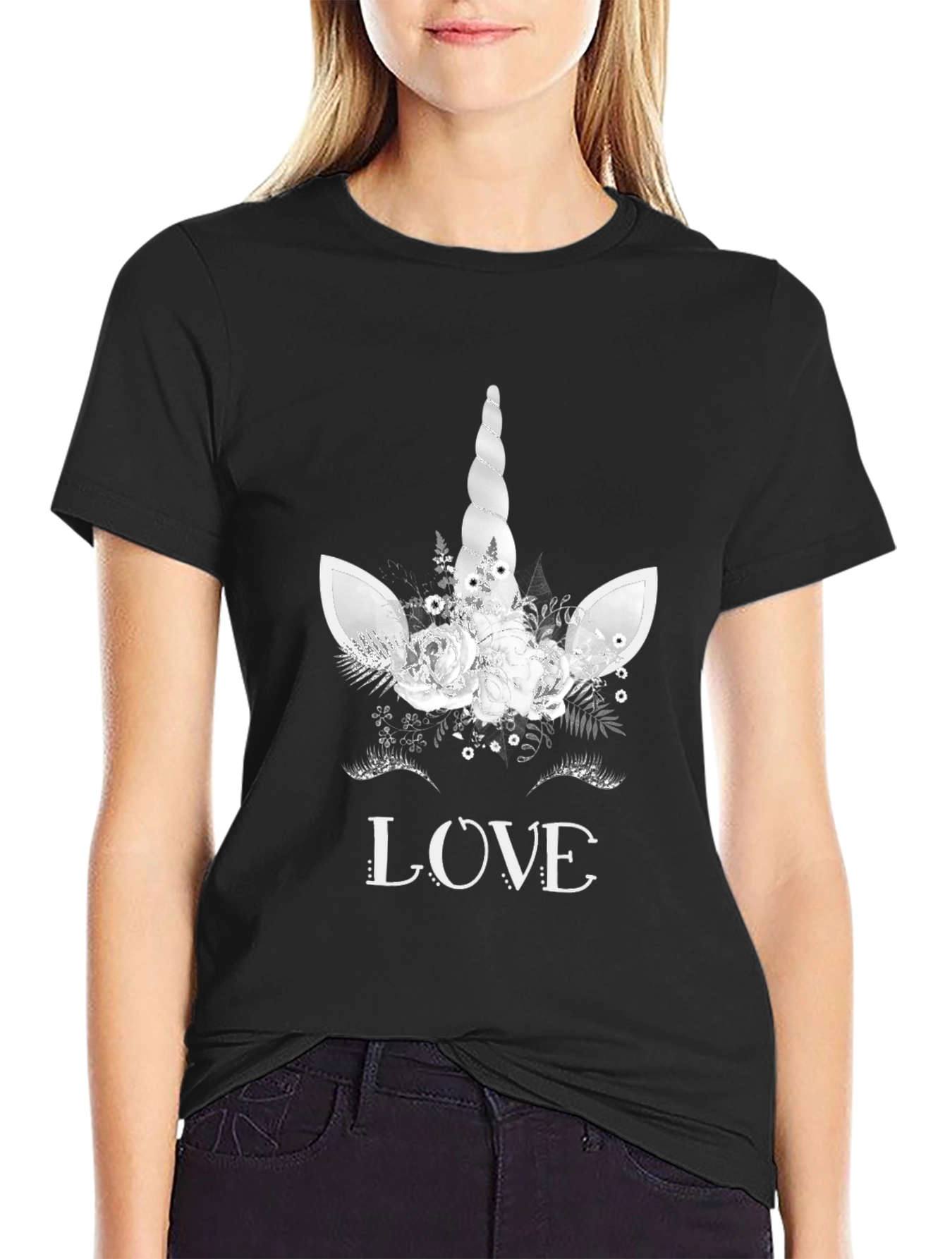 Black Unicorn Love Graphic Tee - Black Cotton T-Shirt view 2