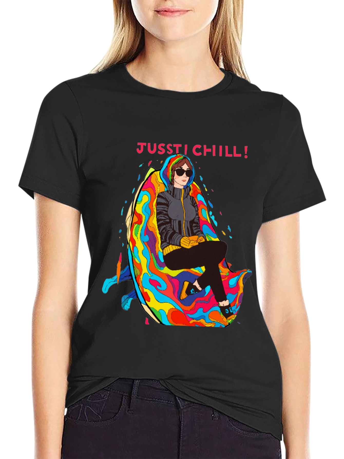 Black Just Chill T-Shirt - Relaxed Fit, Unique Graphic Tee view 2