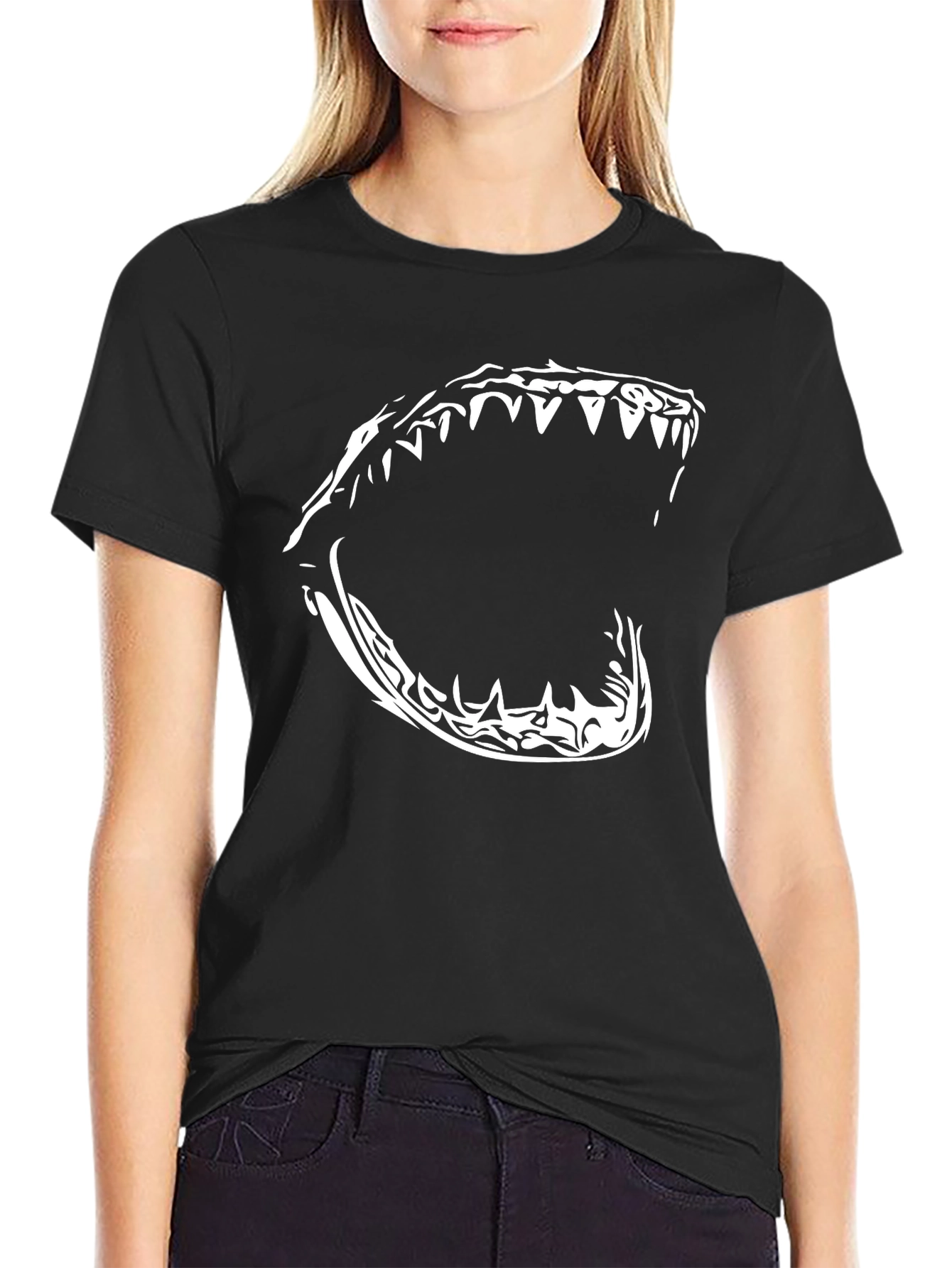 Black Men's Black T-Shirt with Shark Jaw Graphic view 2