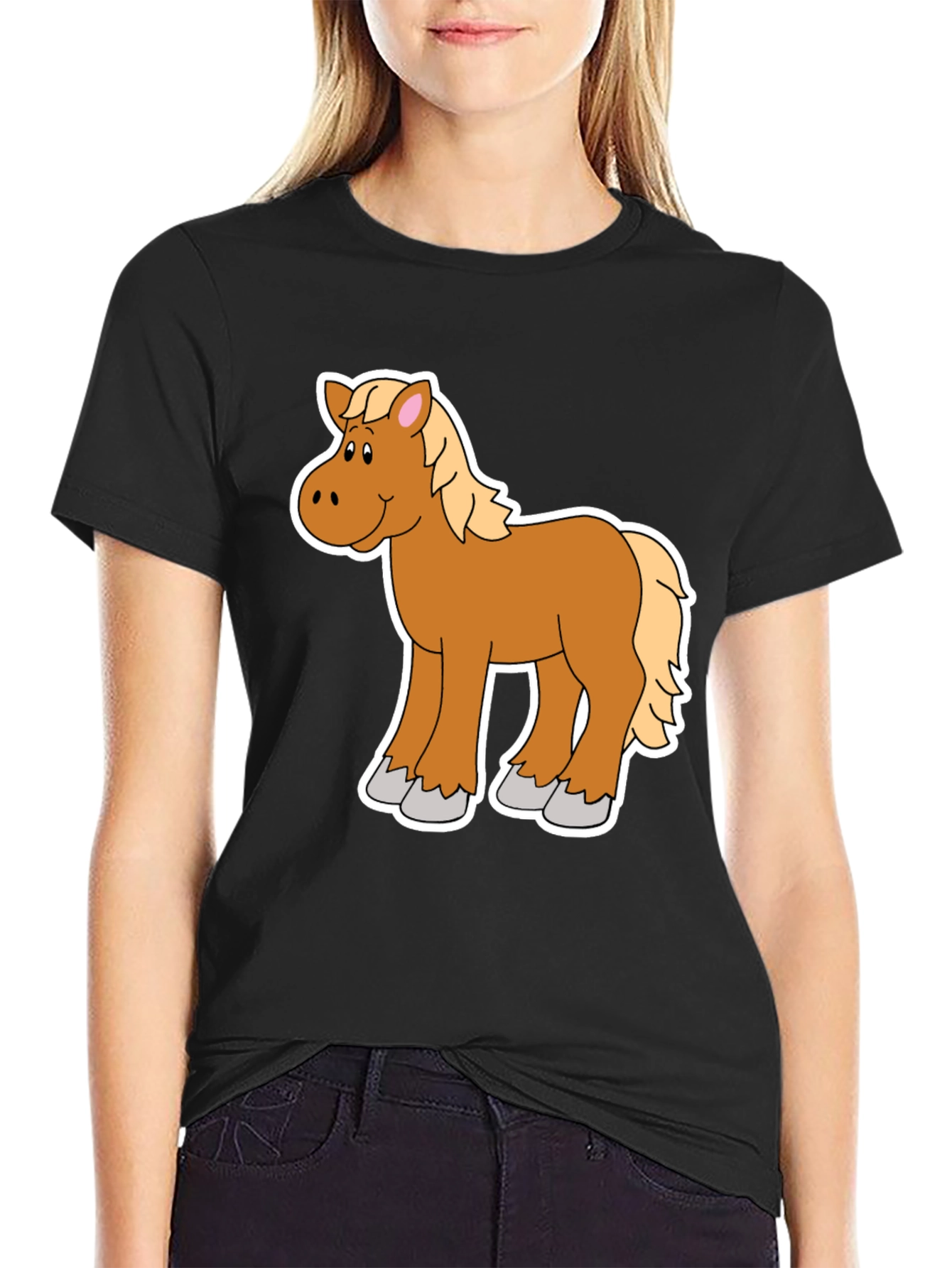 Black Cartoon Horse Graphic Tee - Black Unisex Shirt view 2
