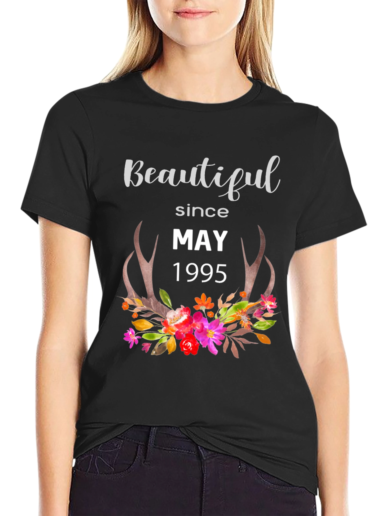 Black Beautiful Since May 1995 T-Shirt, Floral Deer Antlers view 2