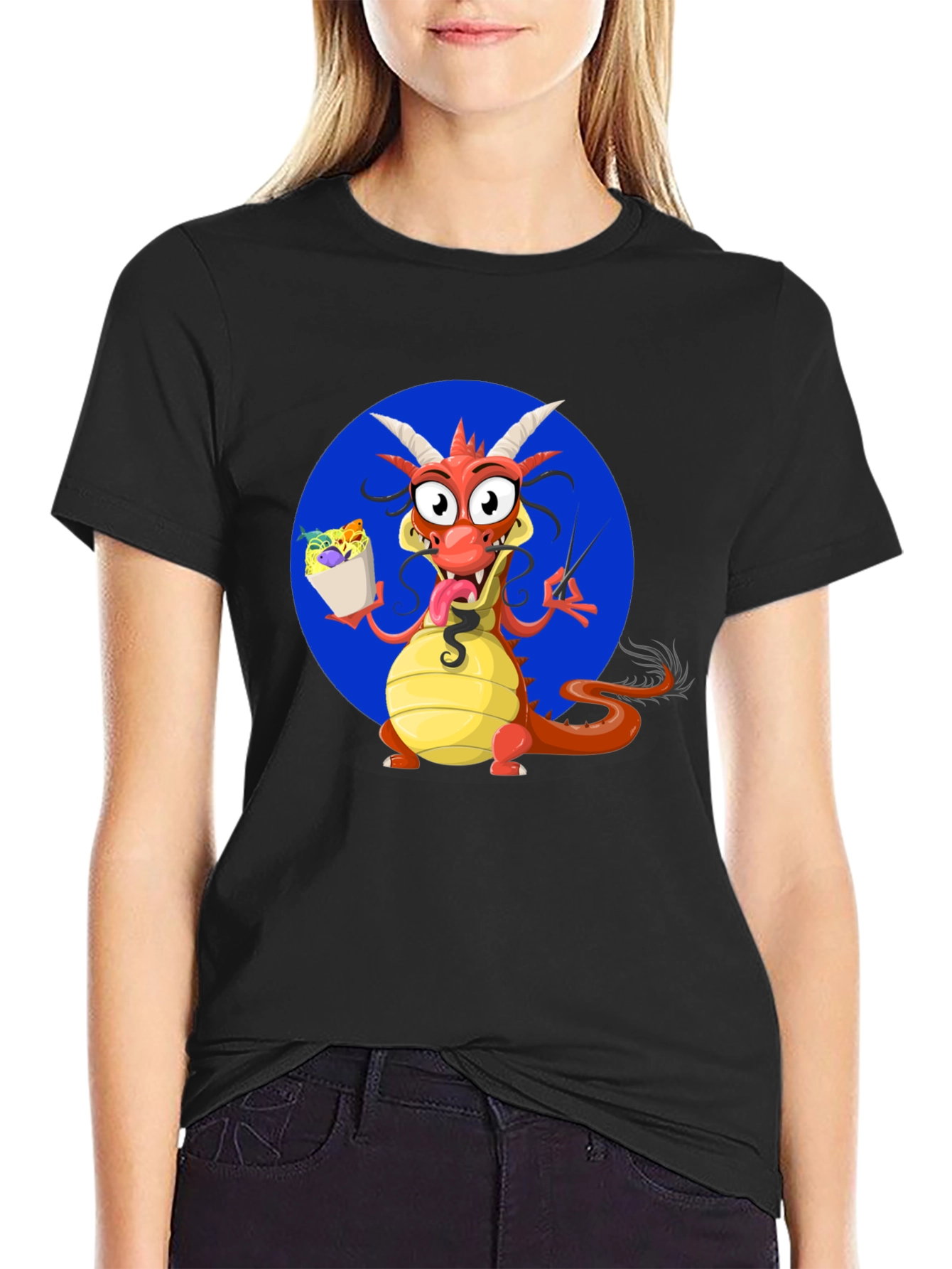 Black Dragon Eating Noodles Graphic T-Shirt view 2