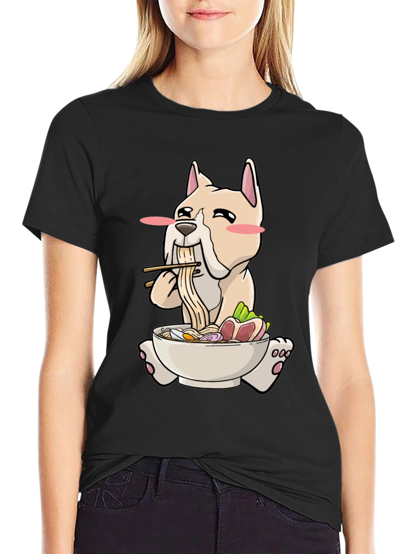 Black Dog Ramen T-Shirt - Cute Cartoon Graphic Tee view 2
