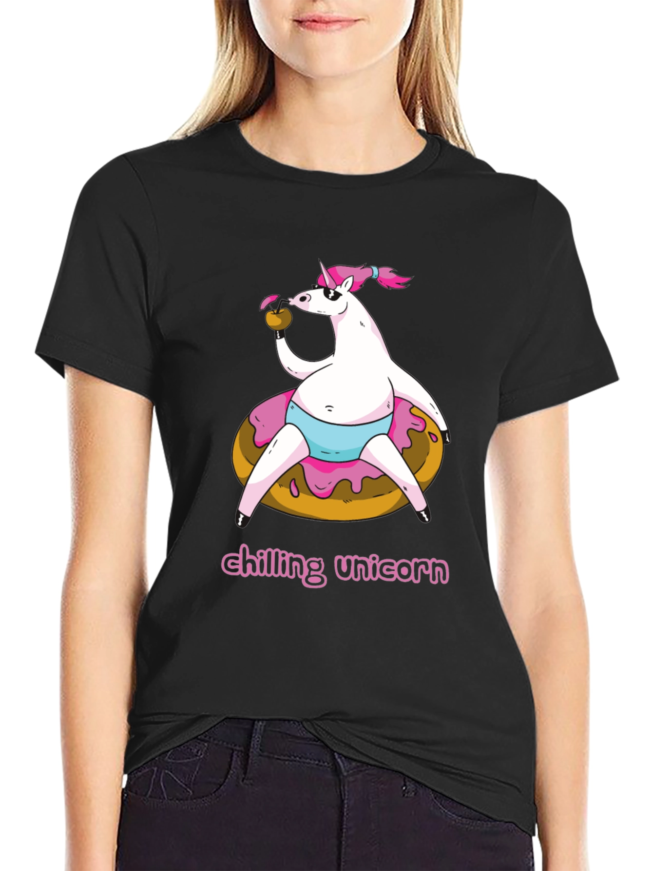 Black Chilling Unicorn Doughnut T-Shirt view 2