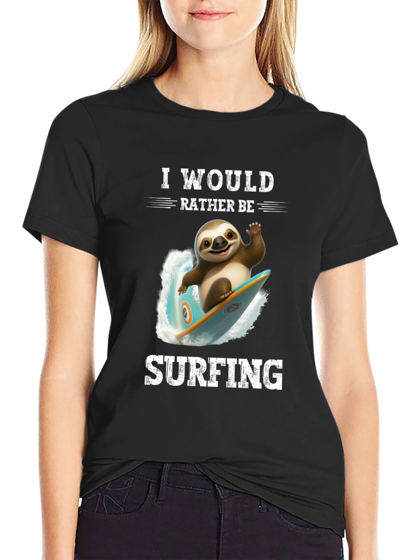 Black Surfing Sloth Graphic T-Shirt - Relaxed Fit view 2