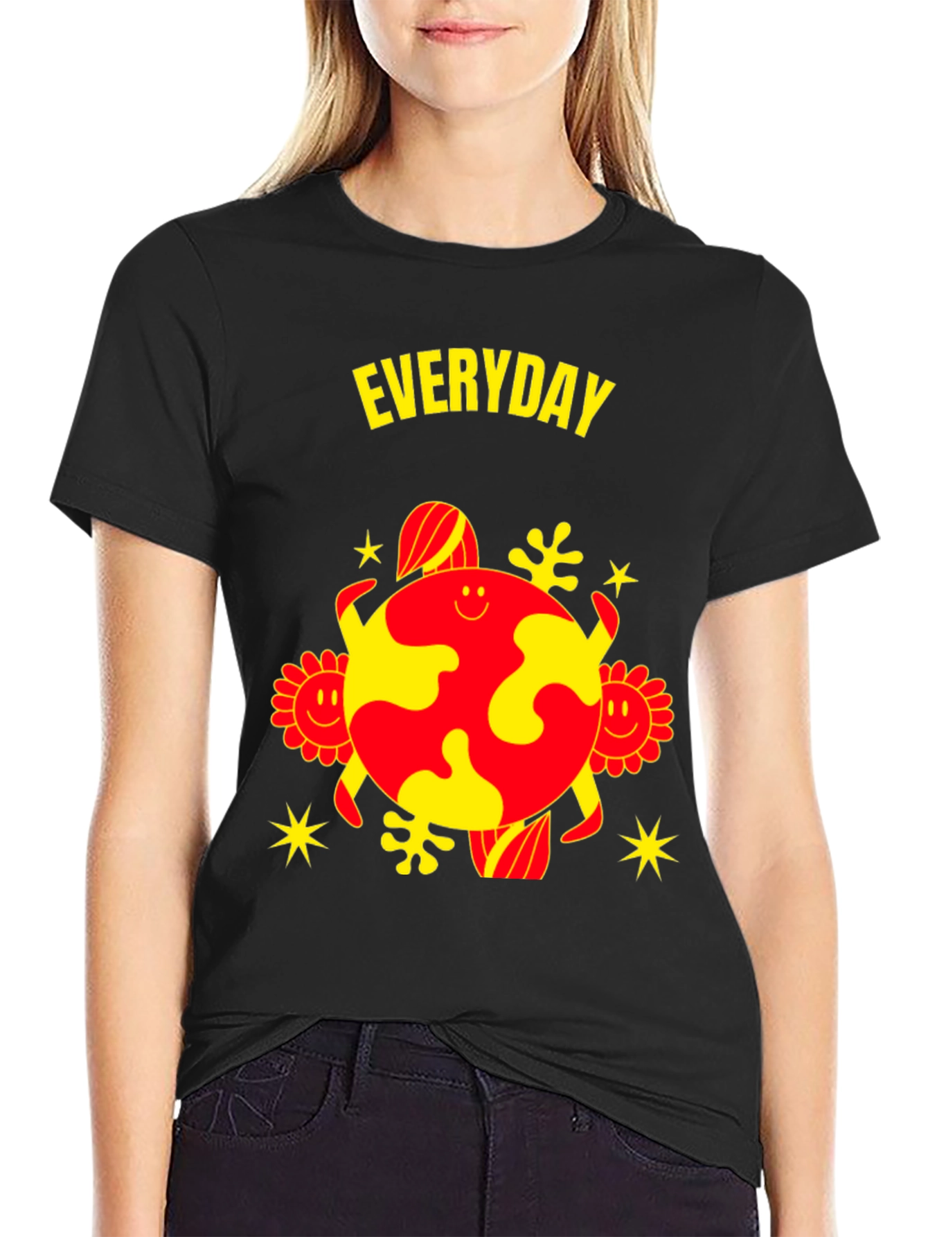 Black Everyday Graphic Tee - Unique Yellow & Red Design view 2